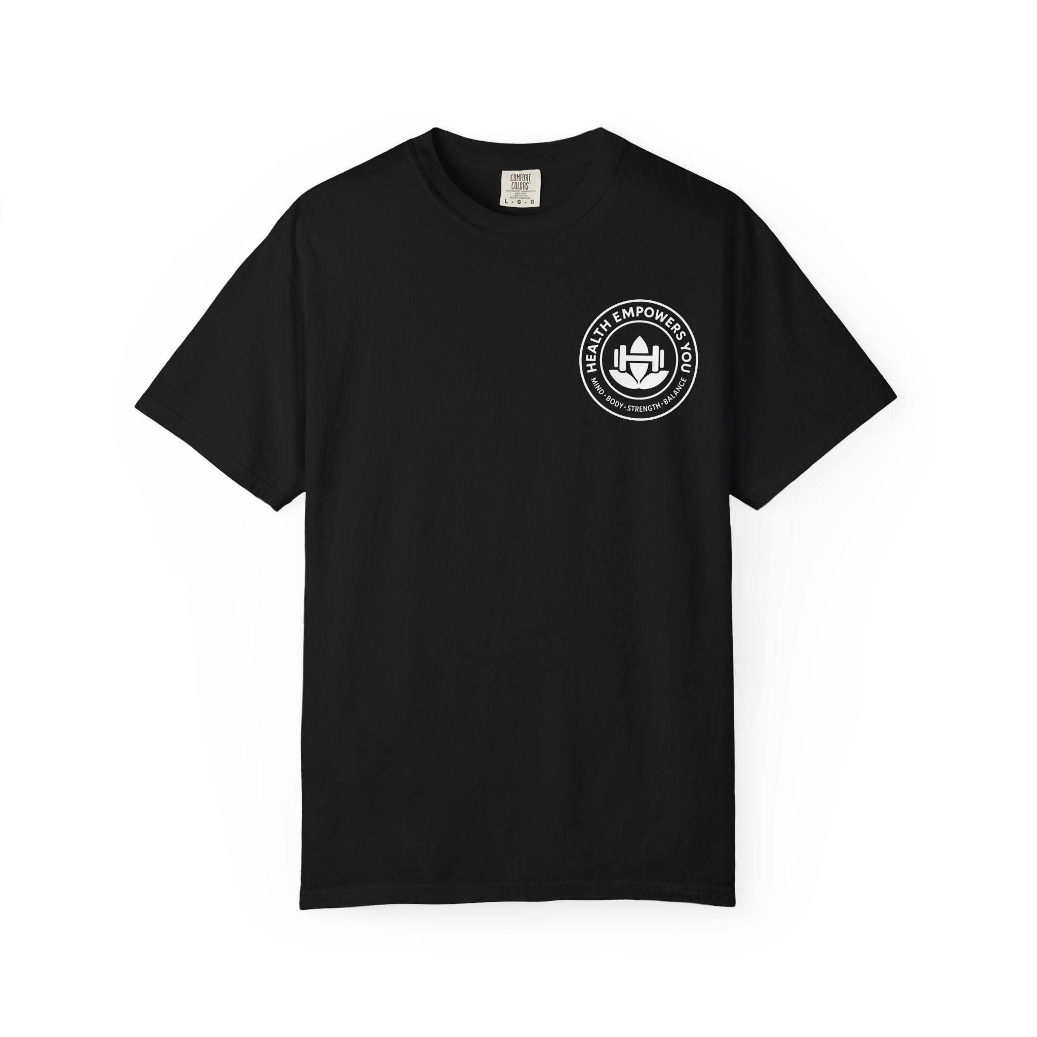 Black t-shirt with a white logo on a white background