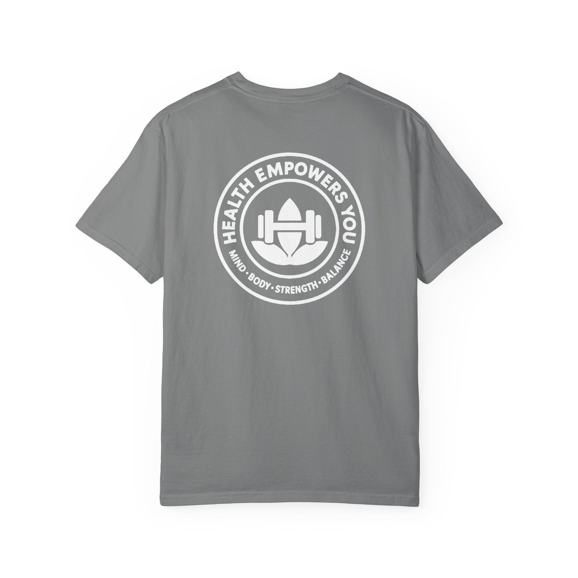 Gray t-shirt with a white logo and text on the back against a white background