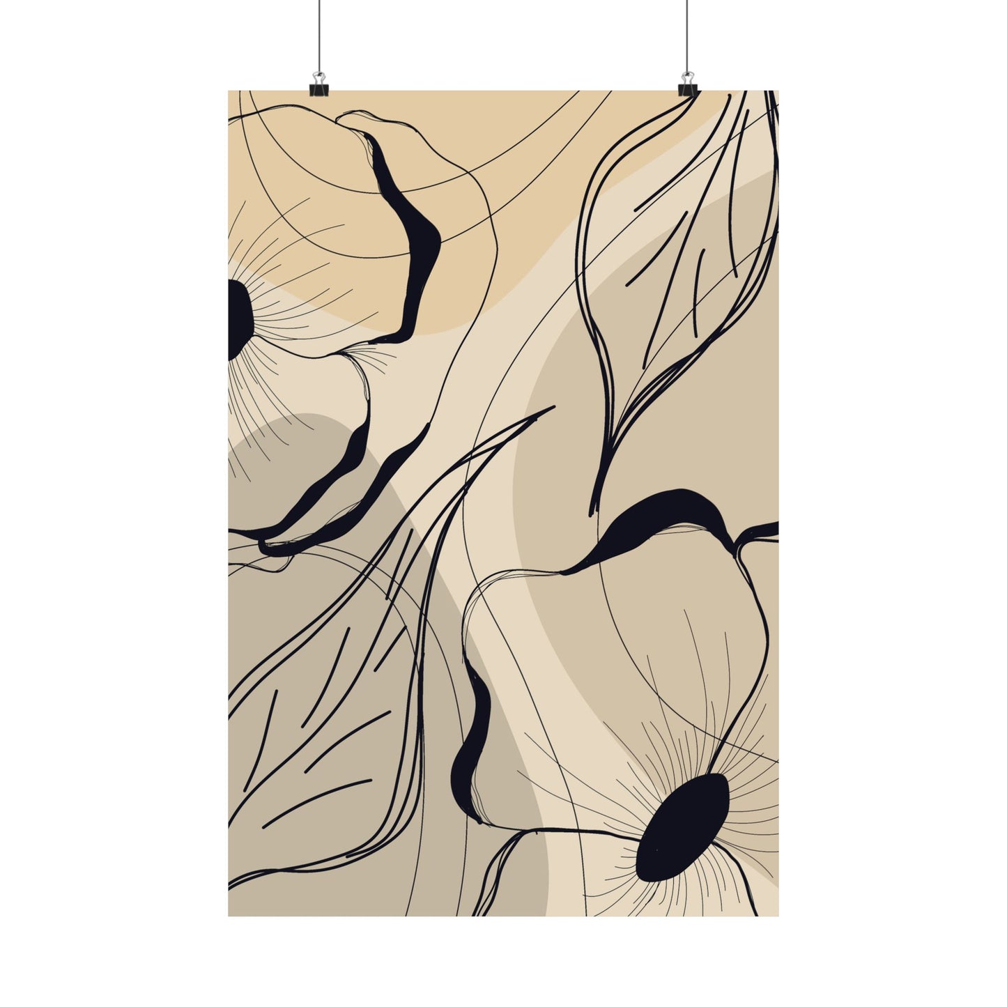 Abstract floral design with black lines on a beige background