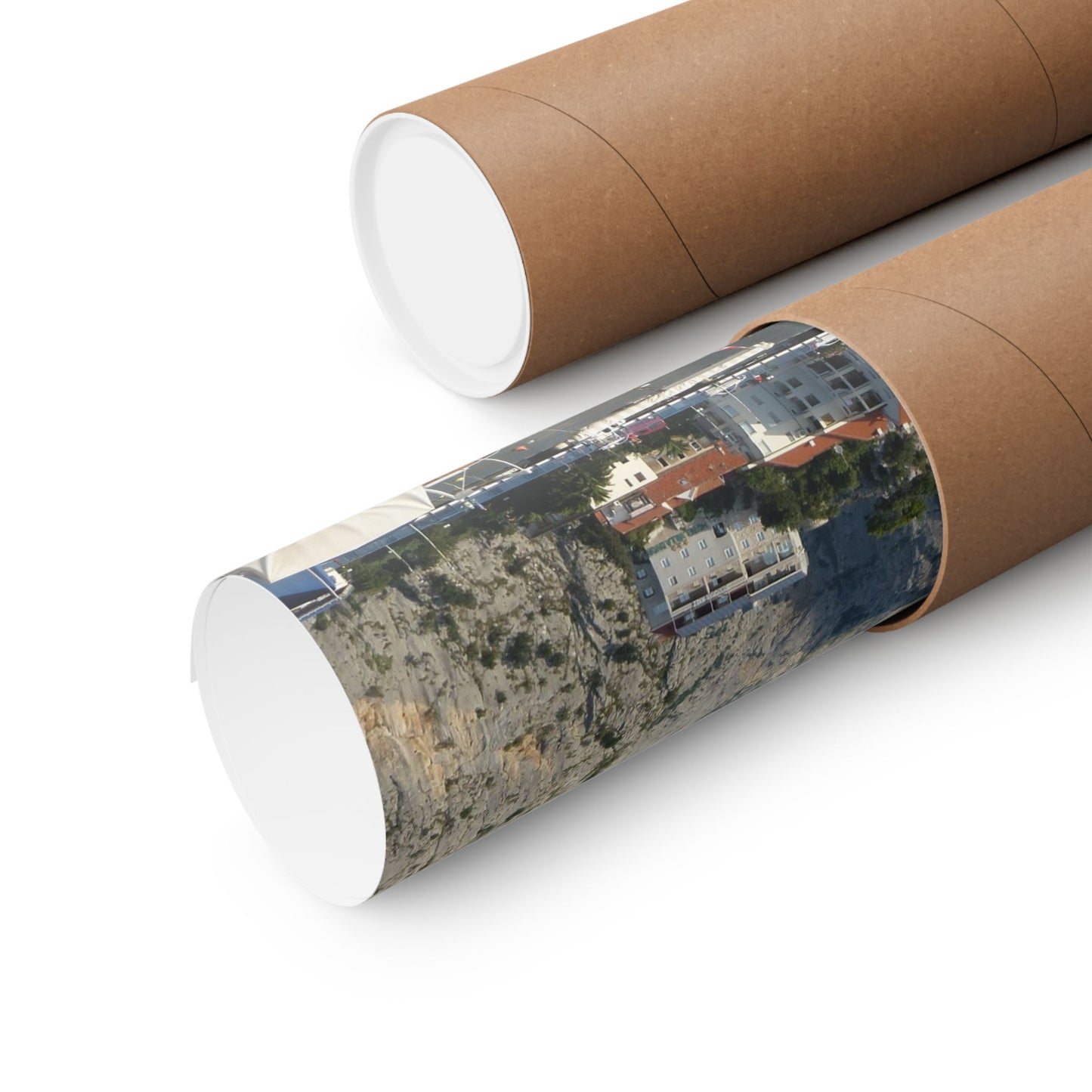 Cardboard tube with a scenic print on a white background