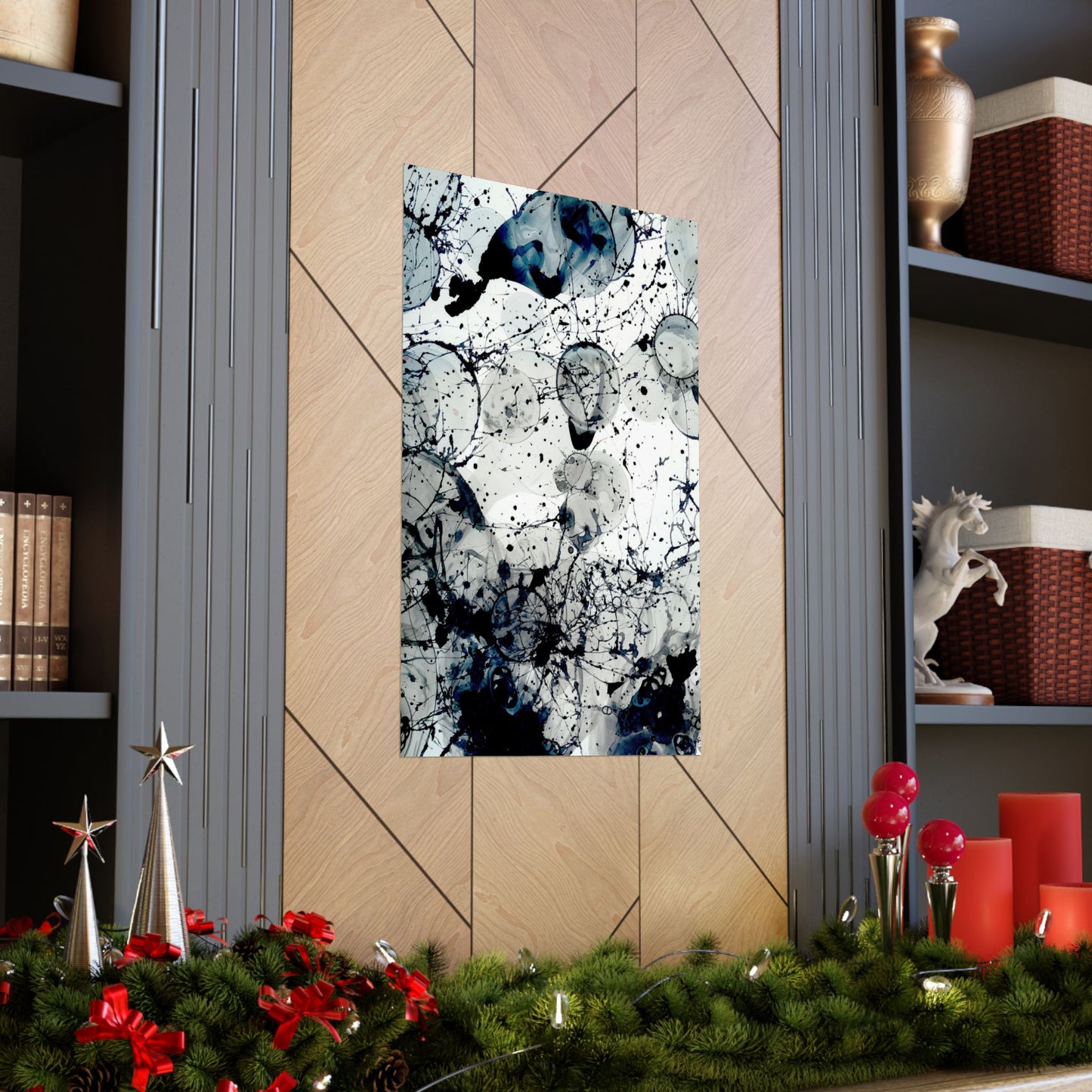 Abstract art piece on a wall with decorative elements below