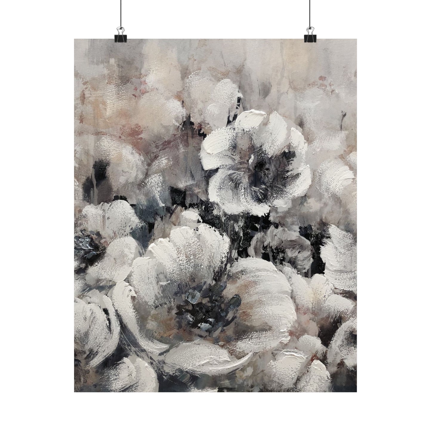Abstract floral painting in black, white, and gray on a white background