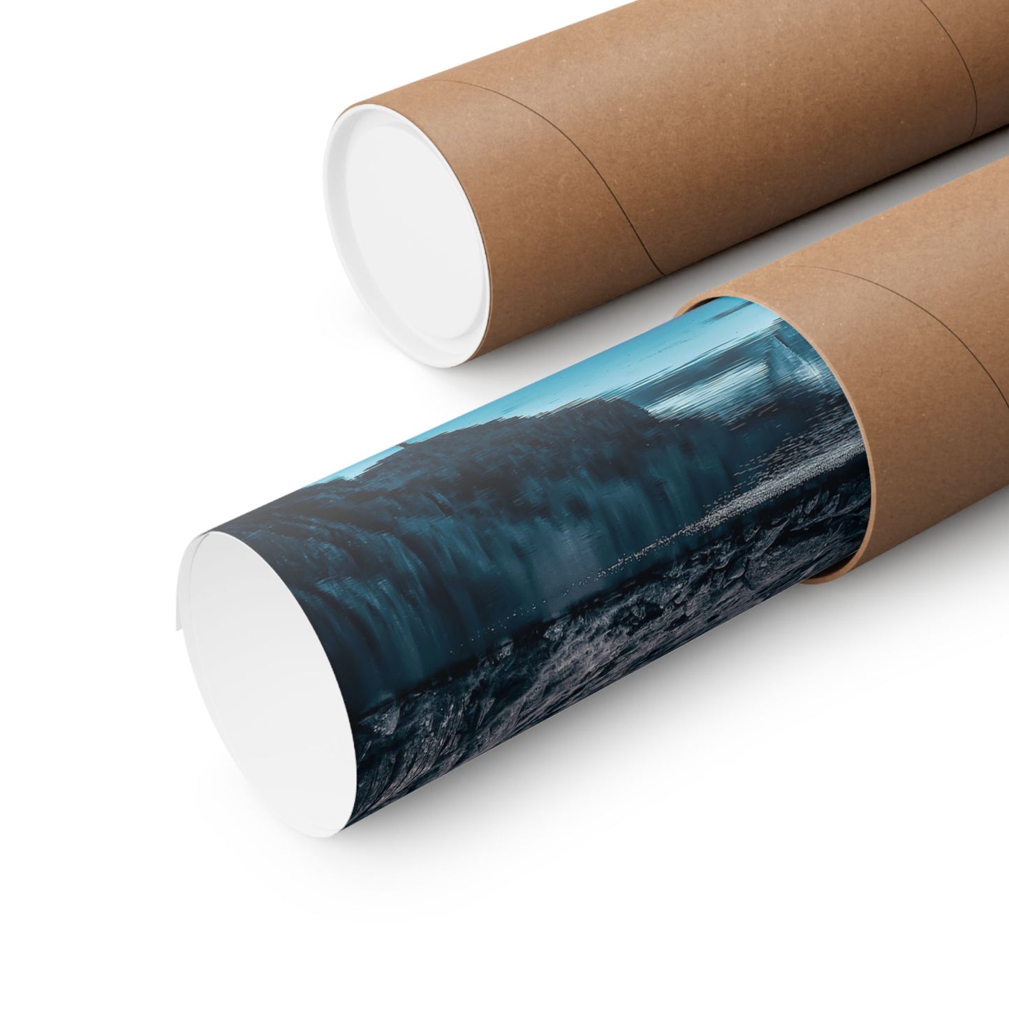 Roll of wallpaper with a mountain and lake design on a white background