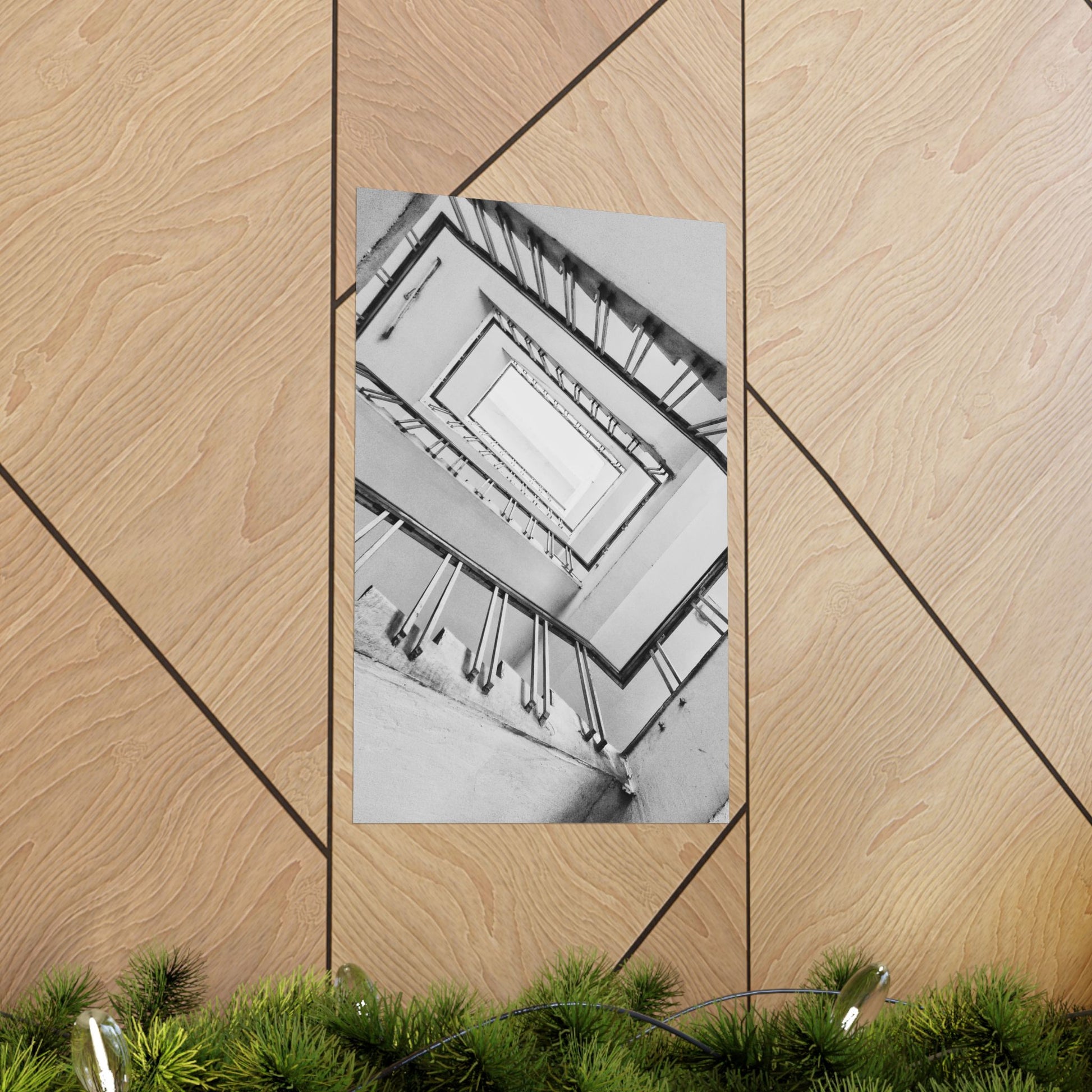 Poster of a staircase on a wooden wall with greenery at the bottom