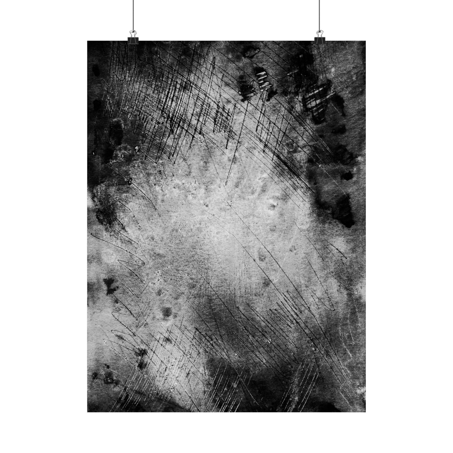 Abstract black and white textured art print on a white background