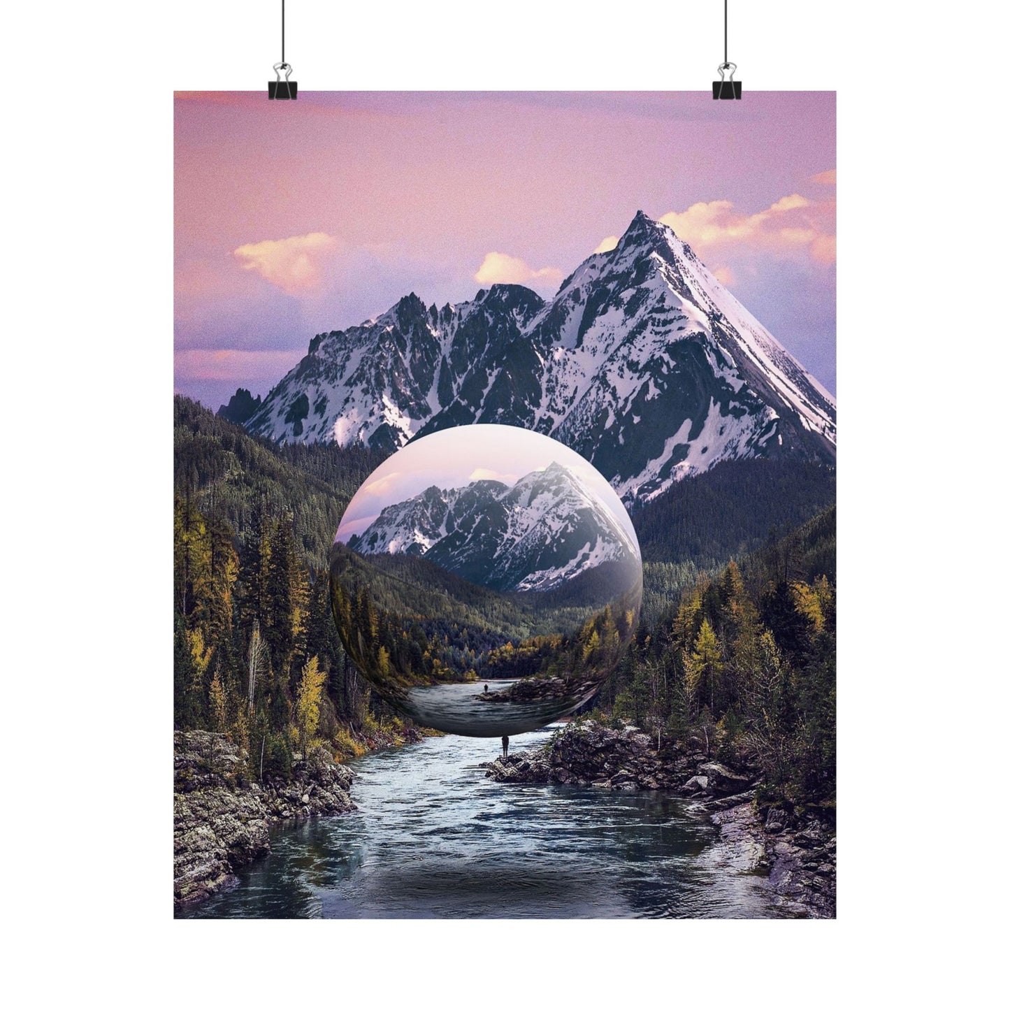 Mountain landscape with a spherical object in the center, surrounded by trees and water.