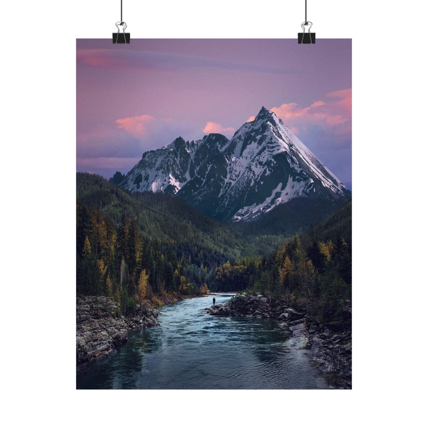 Mountain landscape with a river and forest at dusk
