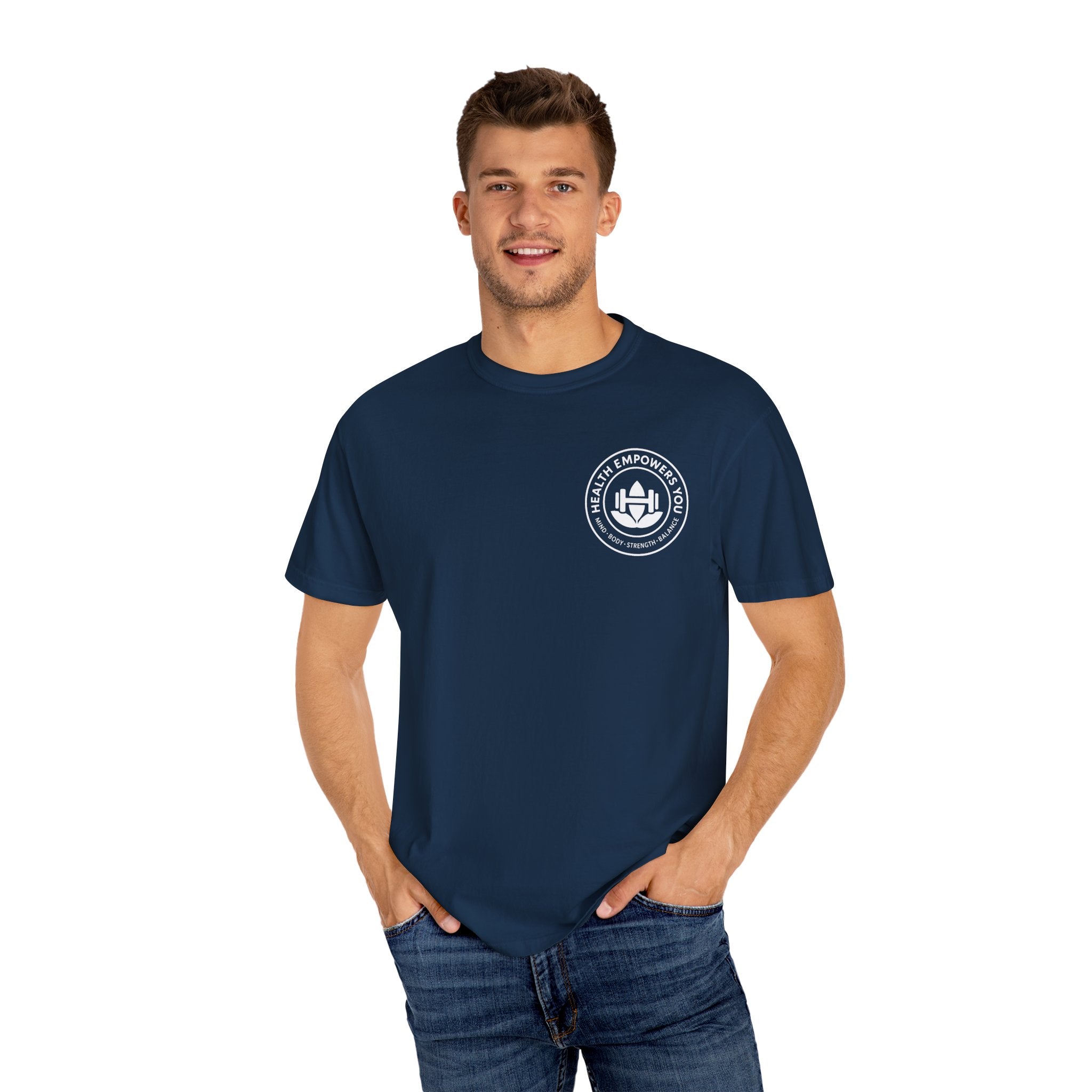 Man wearing a navy blue t-shirt with a logo on a white background