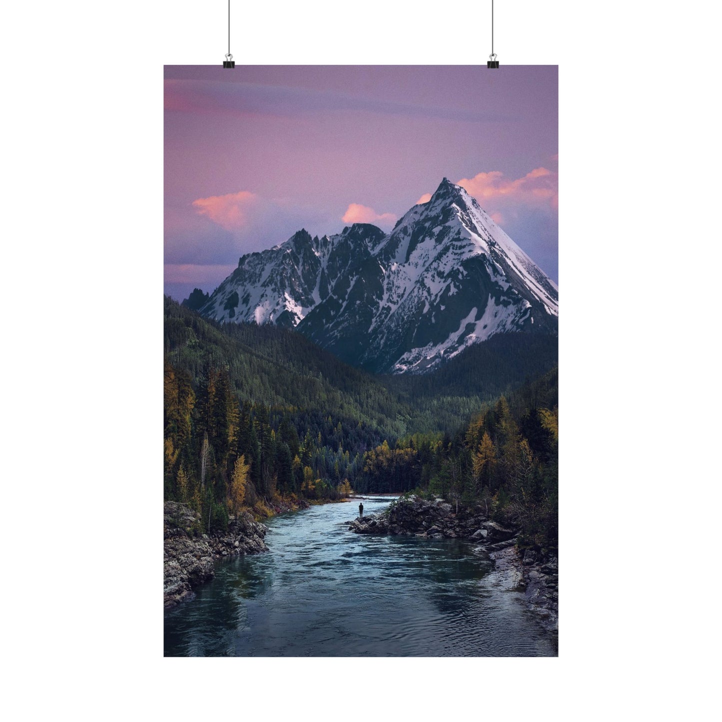 Mountain landscape with a river and forest at dusk