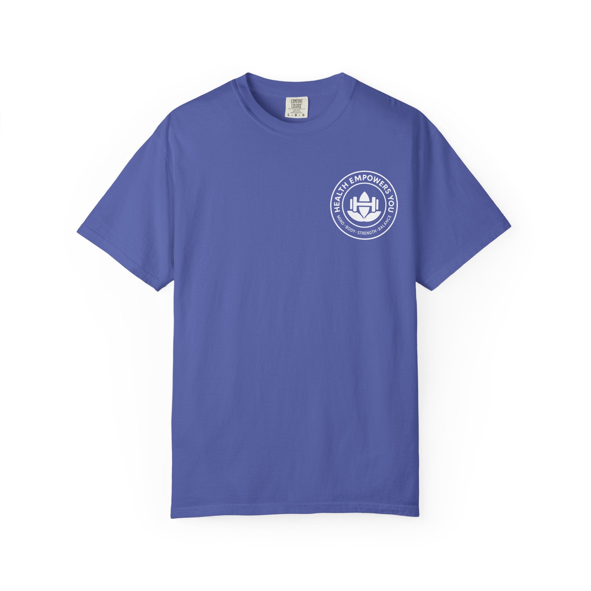 Blue t-shirt with a white logo on a white background