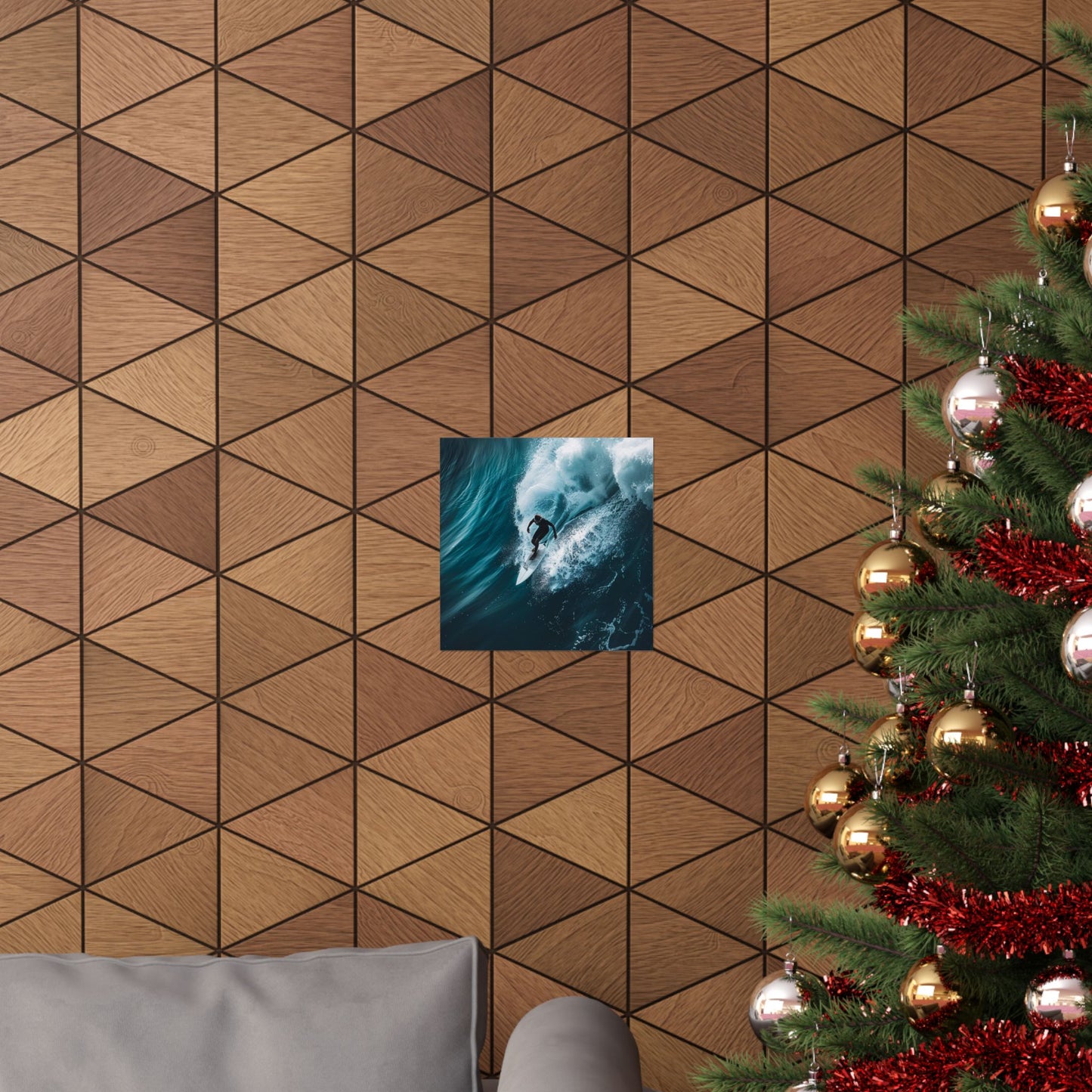 Wooden wall with geometric pattern, framed artwork, and Christmas tree with decorations.