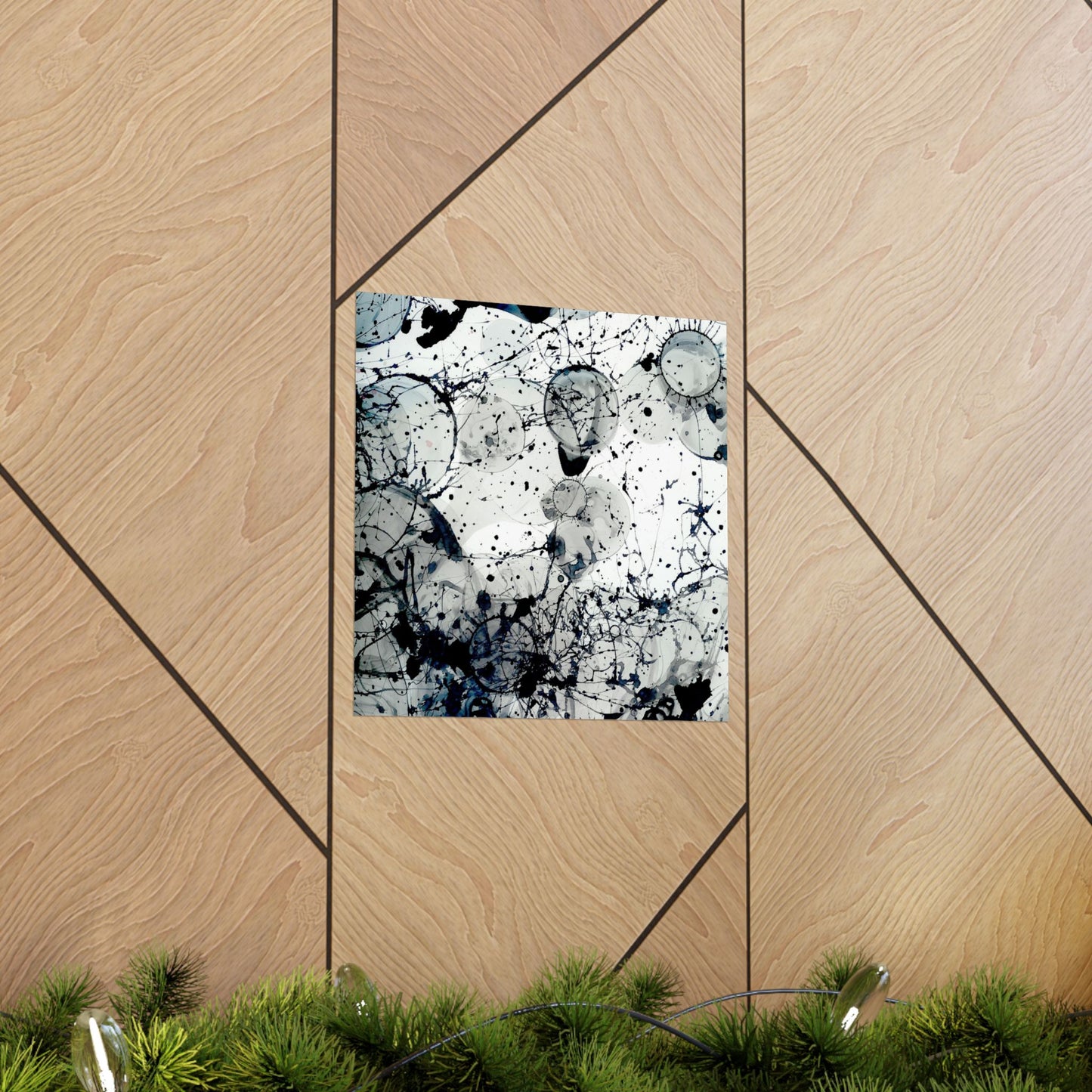 Abstract black and white pattern on a wooden panel