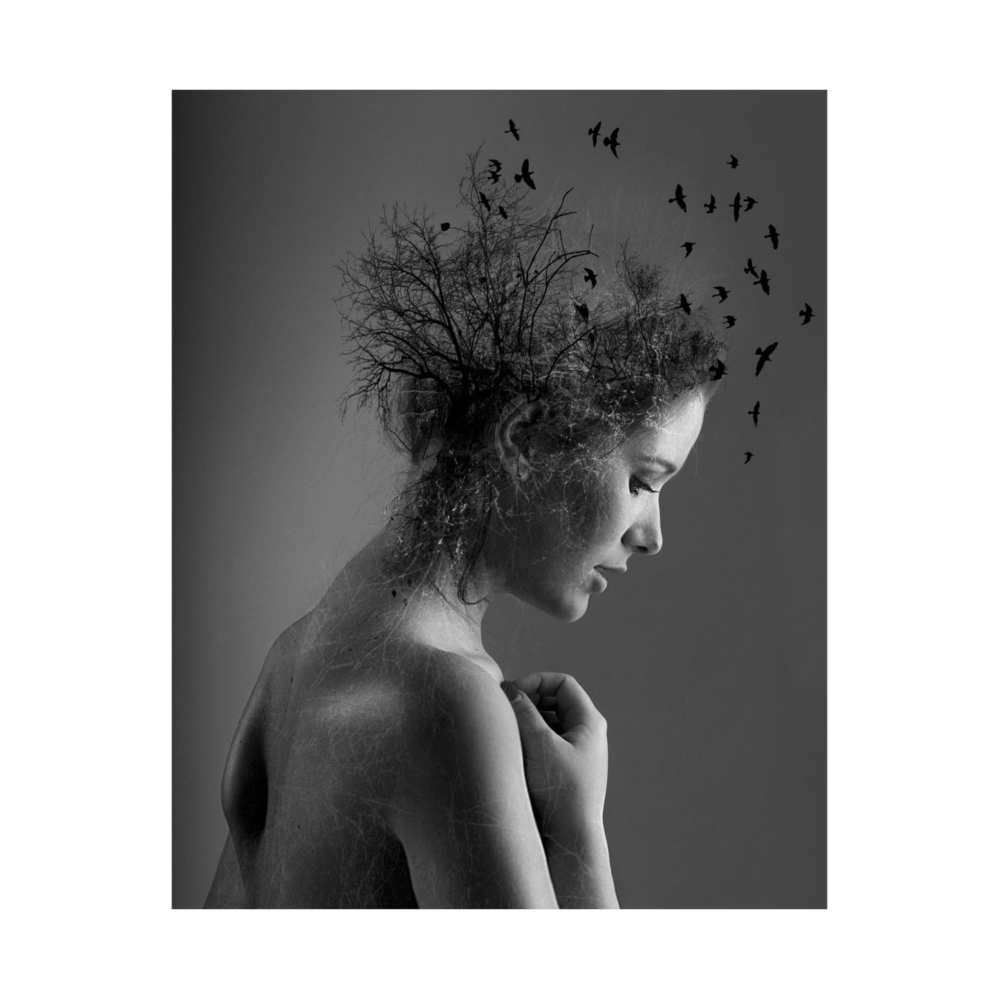 Black and white artistic portrait of a woman with tree branches and birds融入她的头发中
