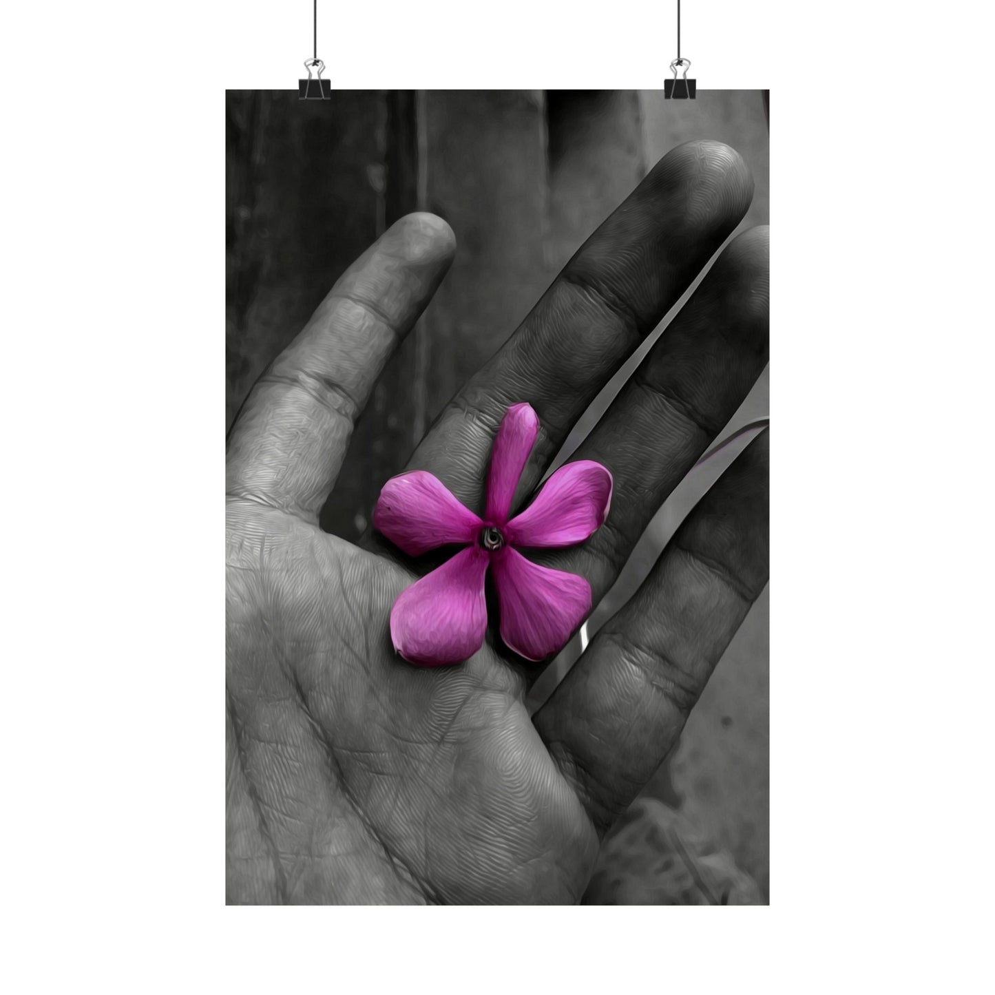 Purple flower held in a person's hand with a black and white background