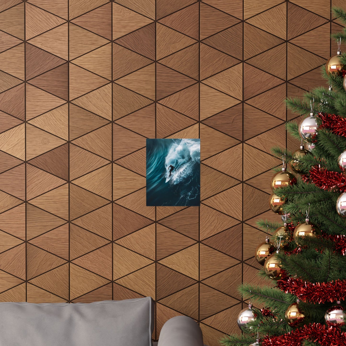 Wooden wall with geometric pattern, framed artwork, and Christmas tree with decorations.