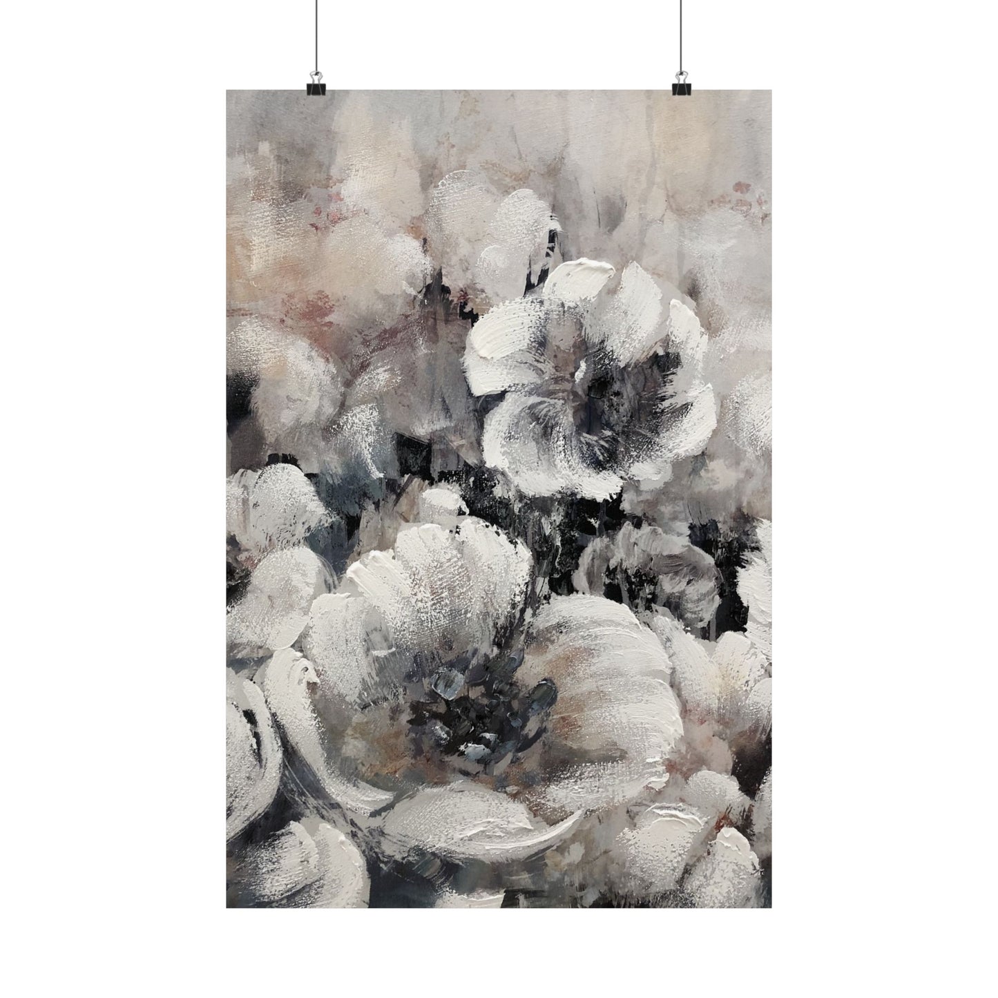 Abstract floral painting with soft gray and white tones on a textured background