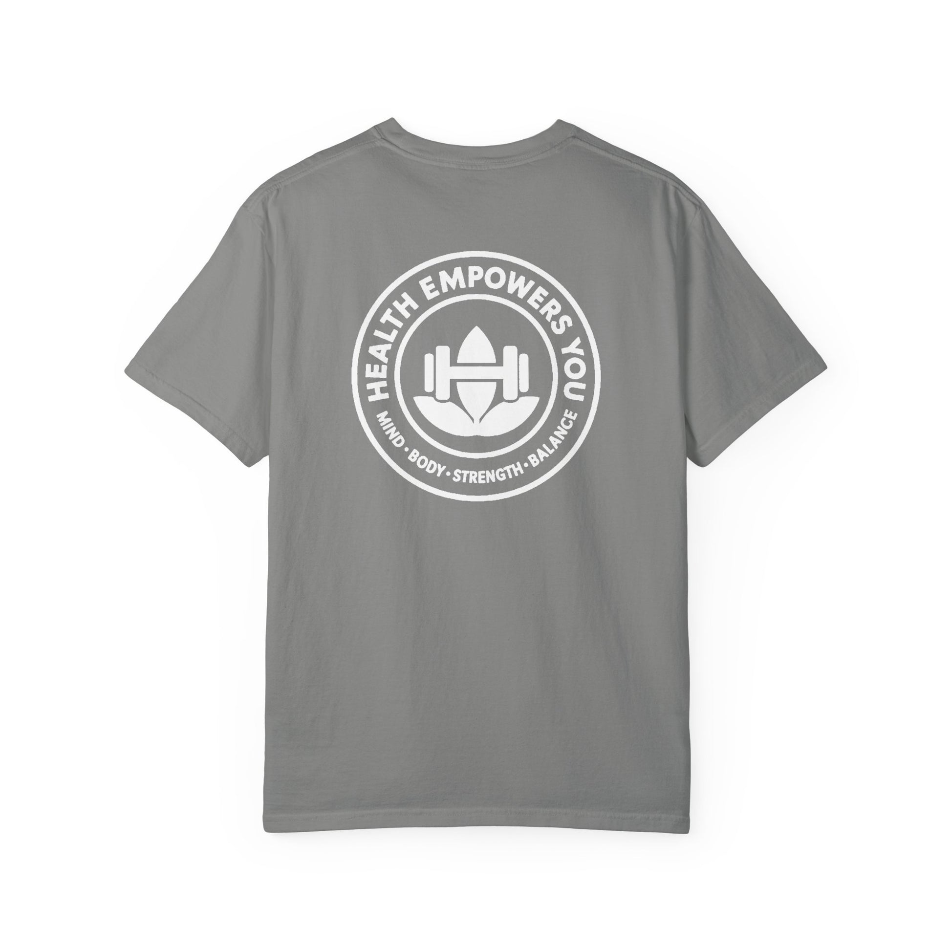 Gray t-shirt with a white logo and text on the back, on a white background