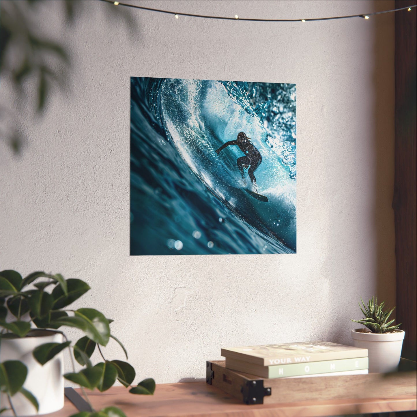 Framed artwork of a surfer on a wave hanging on a wall above a desk with plants.
