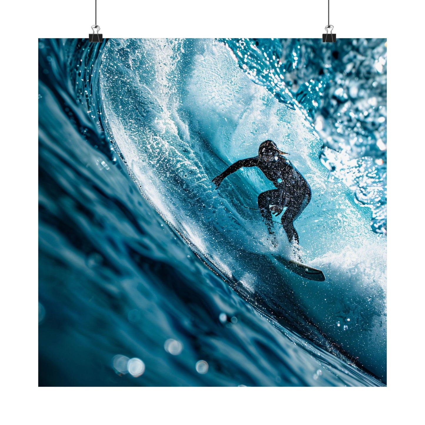 Surfer riding a large wave with a blue tint
