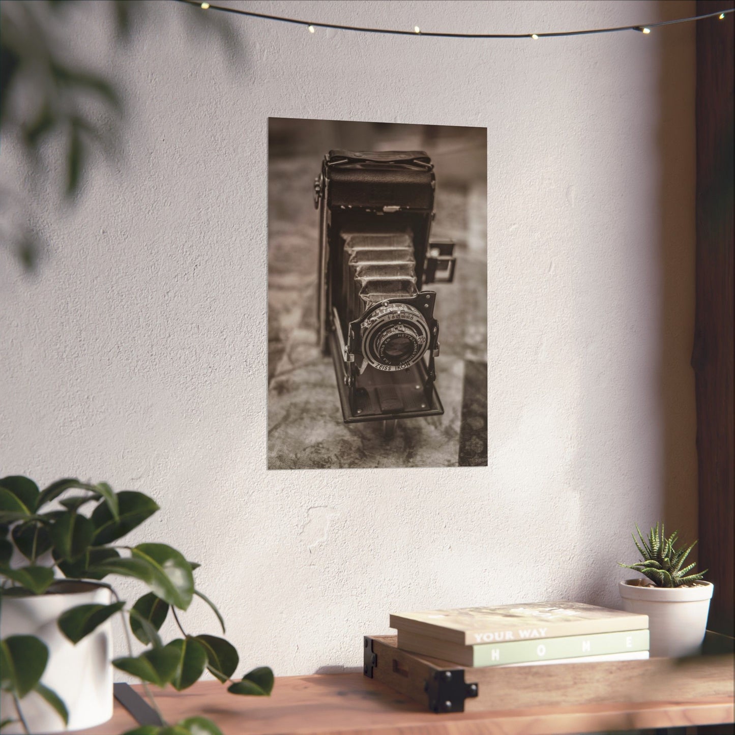 Vintage camera poster on a wall above a wooden desk with plants.