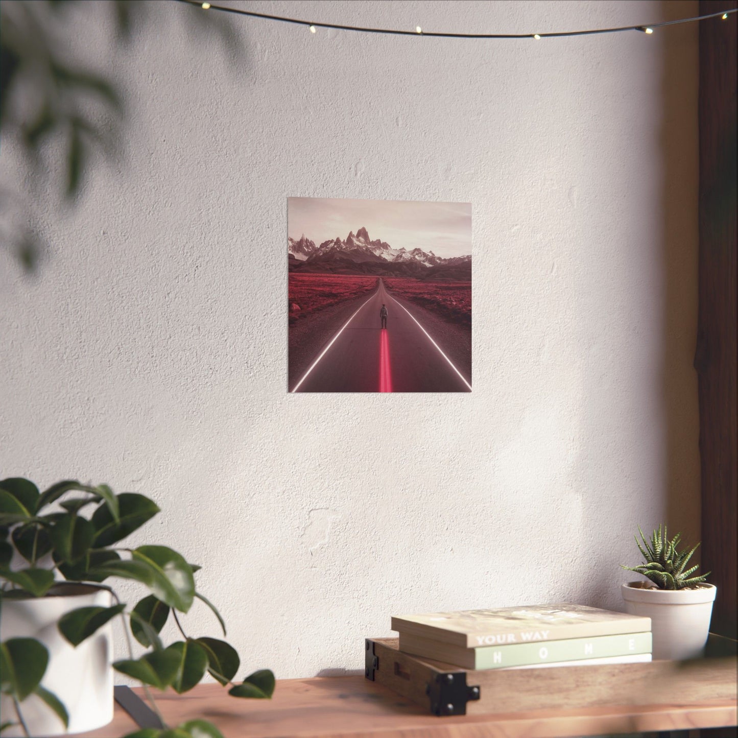 Poster of a road with mountains on a white wall above a wooden desk with plants and books.