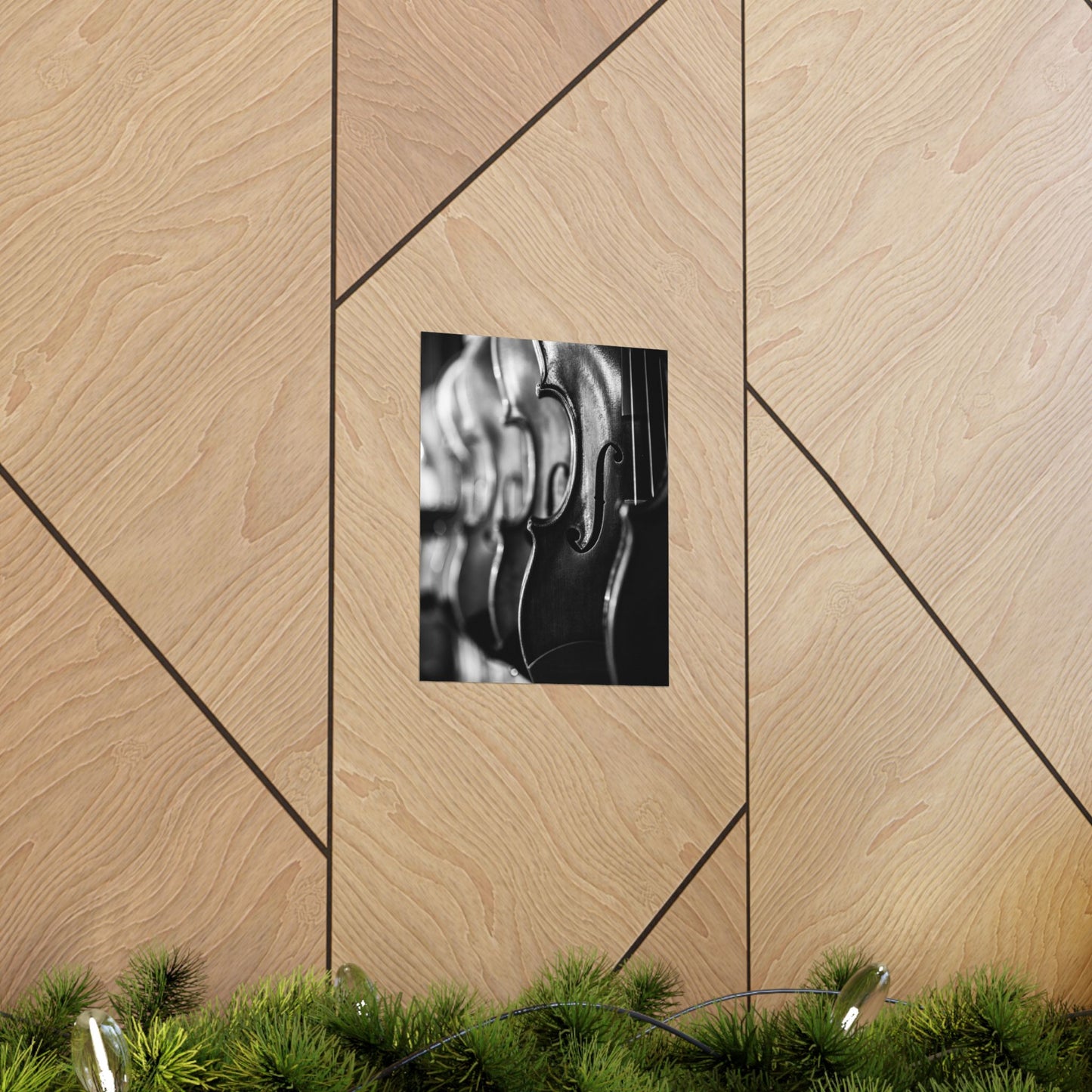 Close-up of a violin's f-holes on a wooden wall with geometric patterns