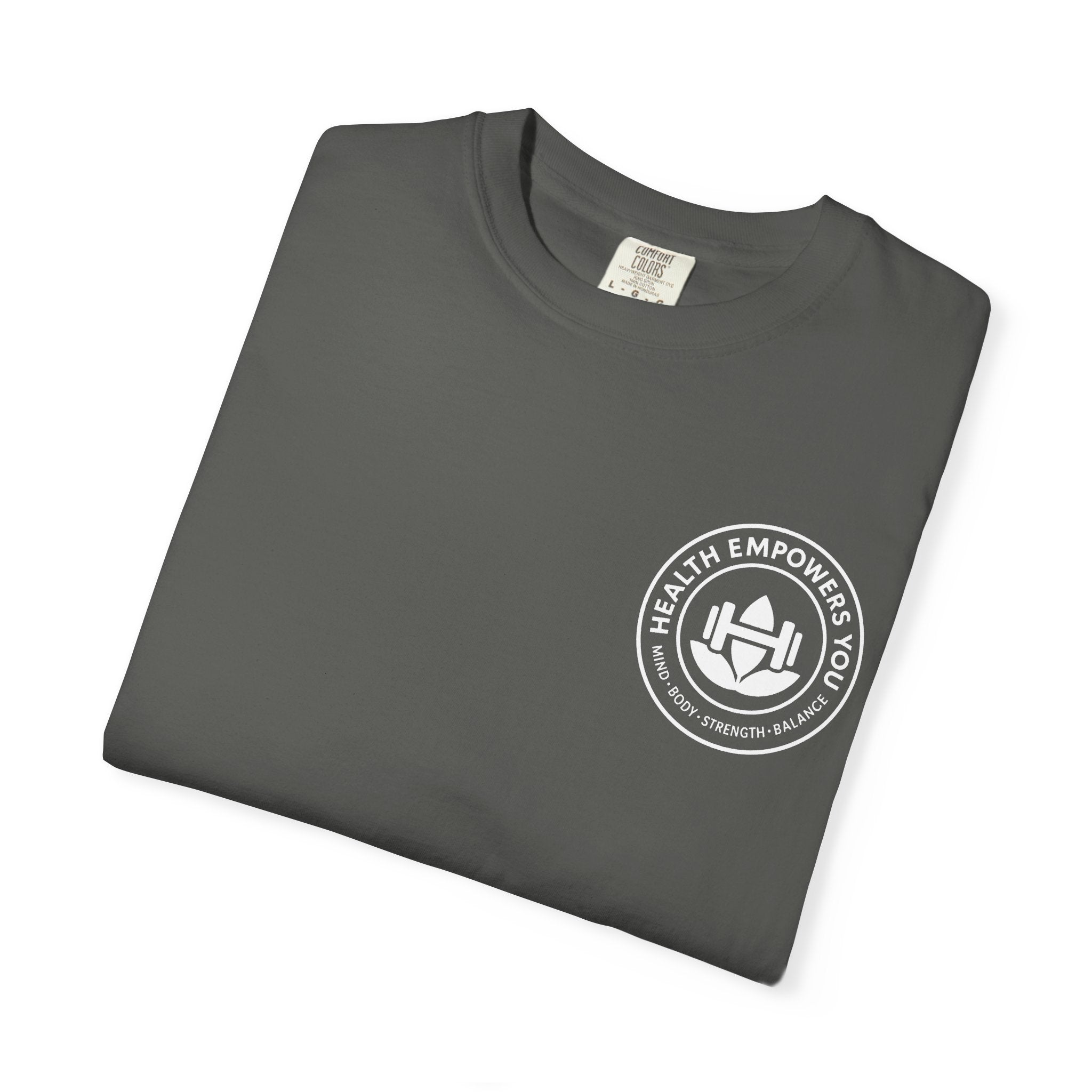 Folded gray t-shirt with a white logo on a white background