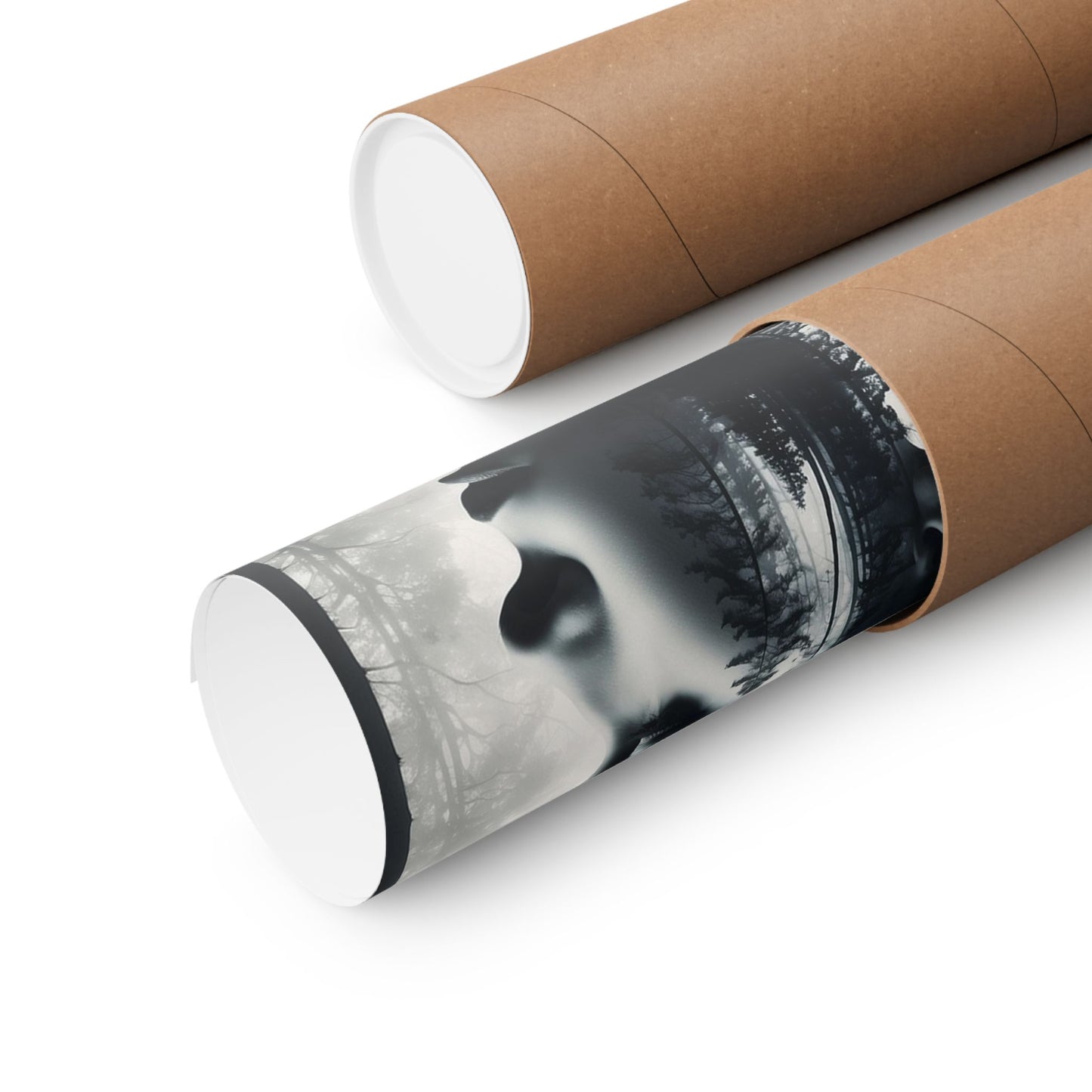 Two cardboard tubes with a printed design of a face on a white background