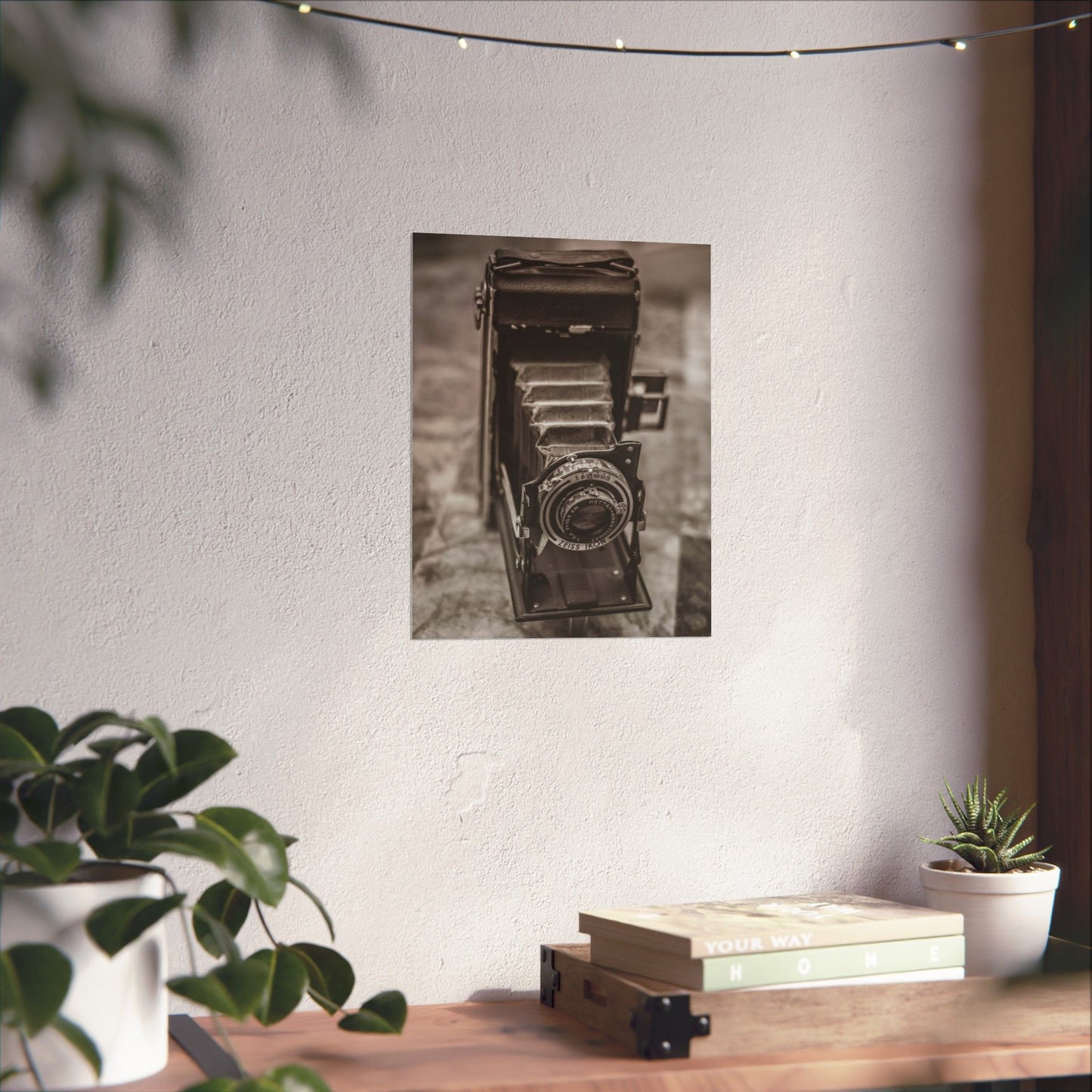 Vintage camera print on a wall above a wooden desk with plants