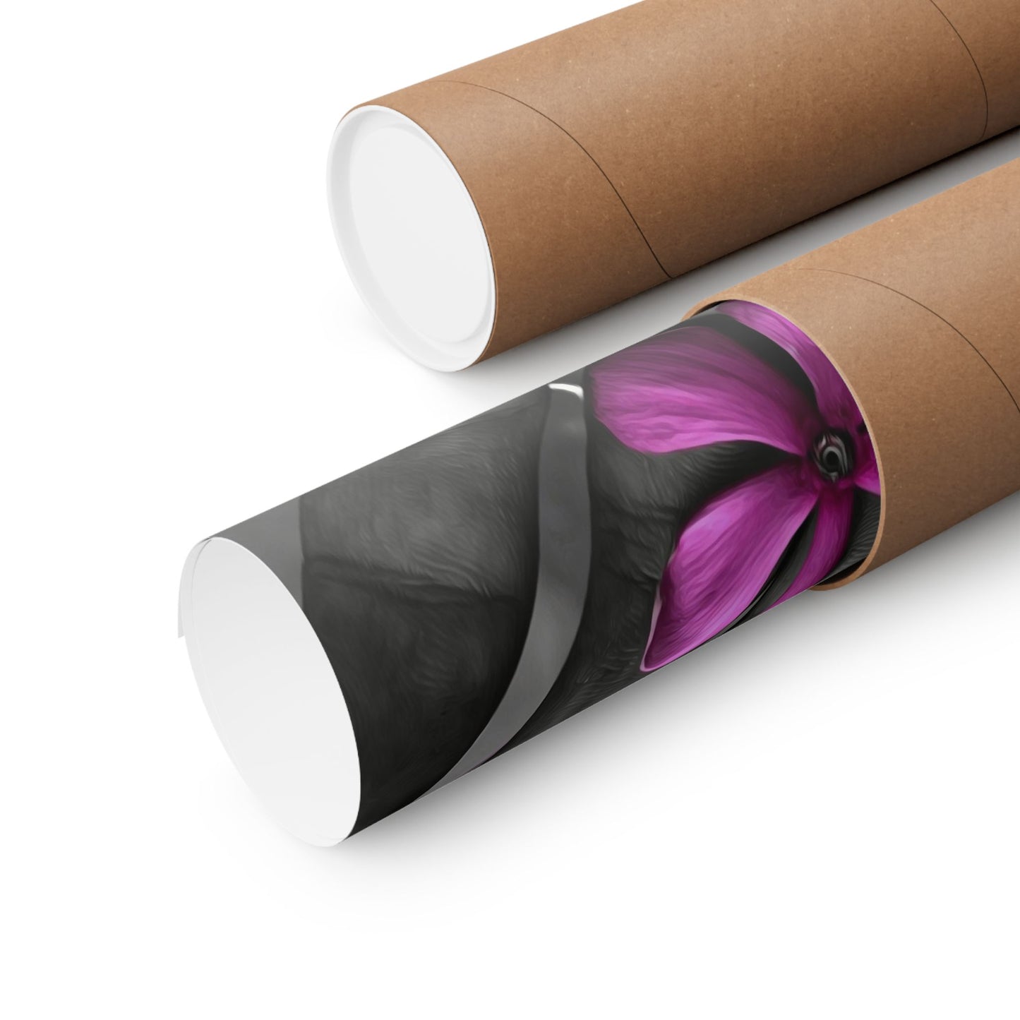 Roll of paper with a purple flower design on a white background