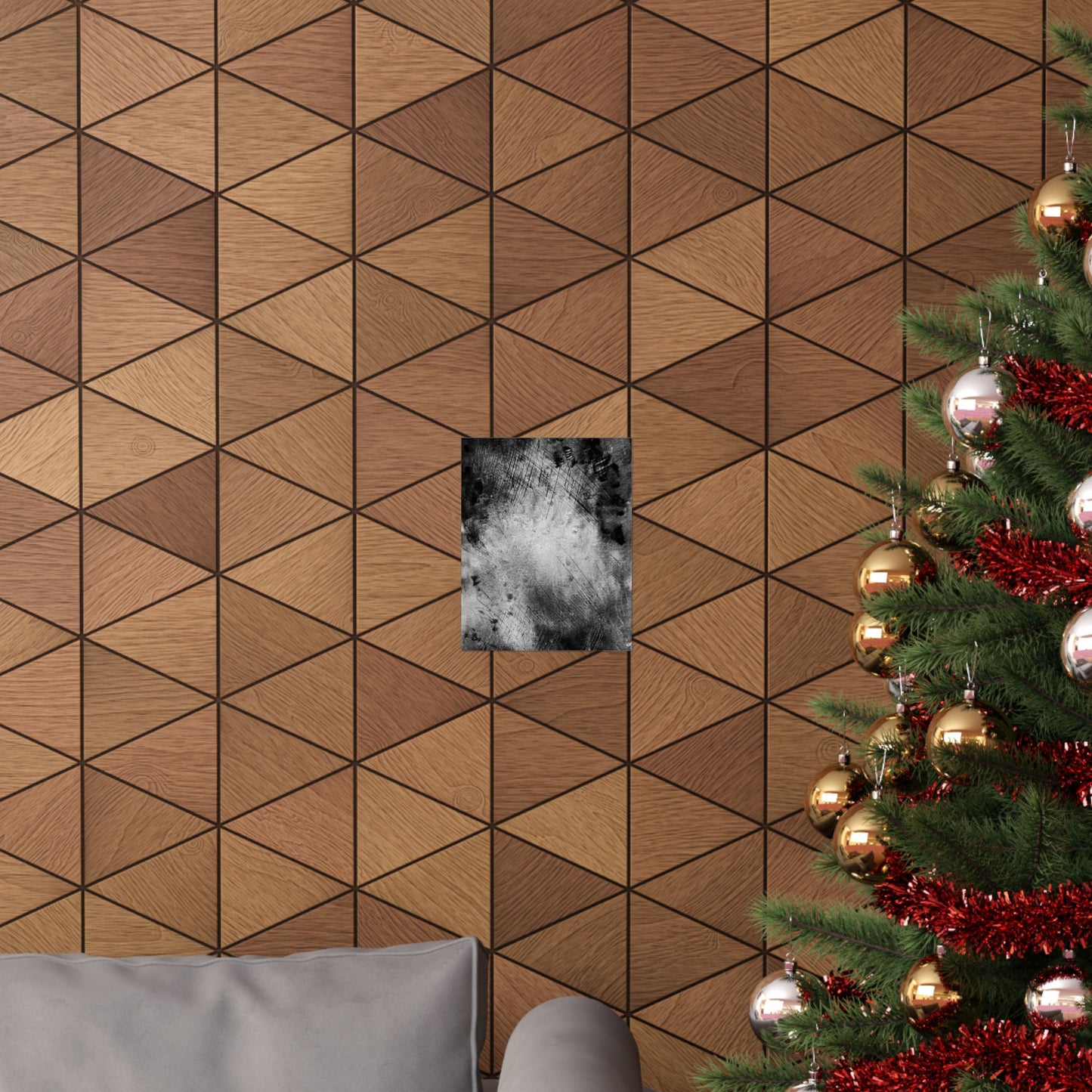 Wooden geometric wall paneling with a Christmas tree and decorations.