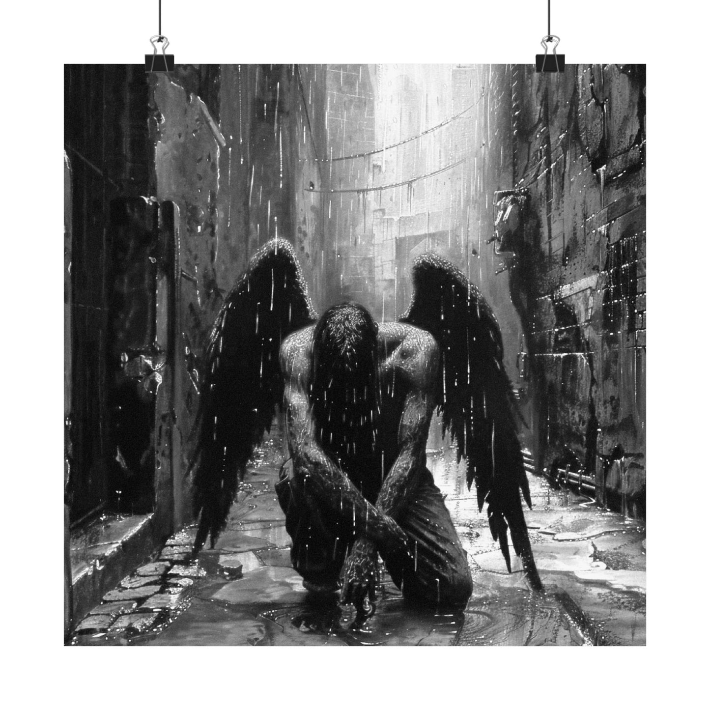 Black and white illustration of a winged figure in a rain-soaked alleyway.