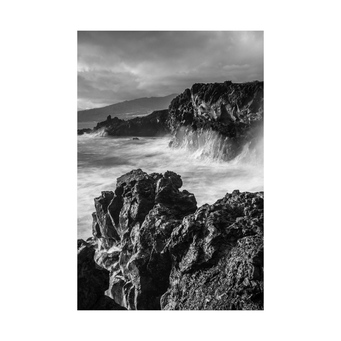 Ocean Waves Against Rocks Art Print - Black and White Coastal Decor