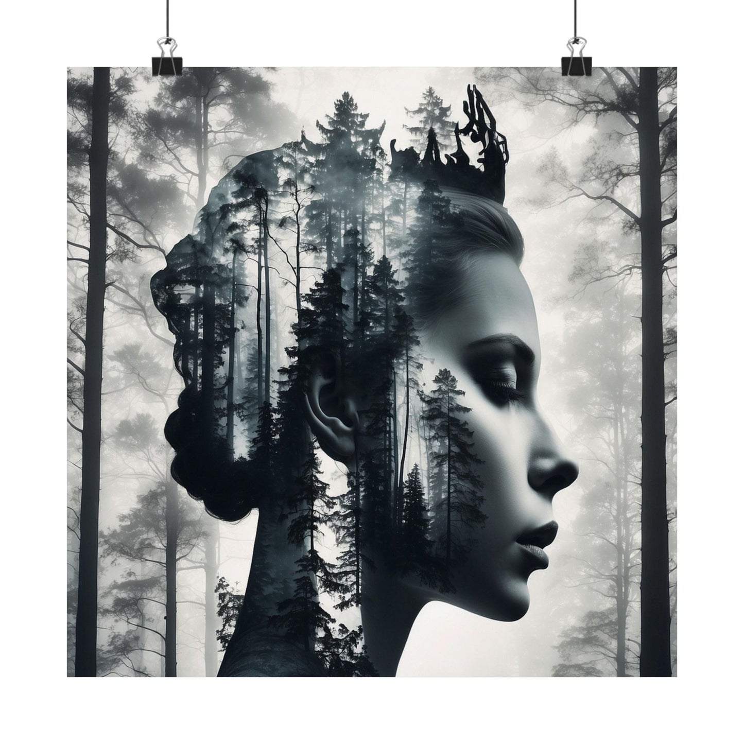 Artistic depiction of a woman's profile with forest overlay