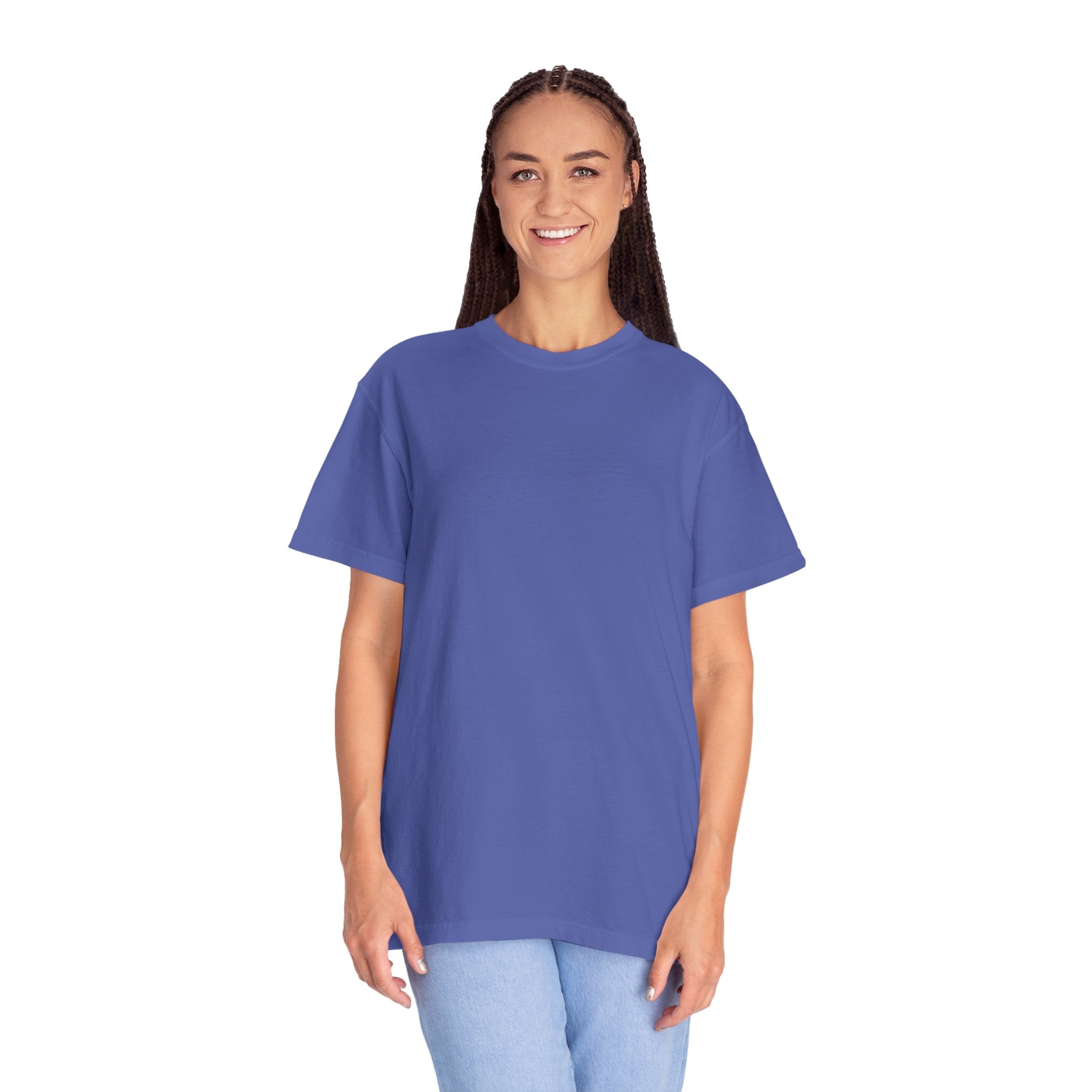 Woman wearing a blue t-shirt on a white background
