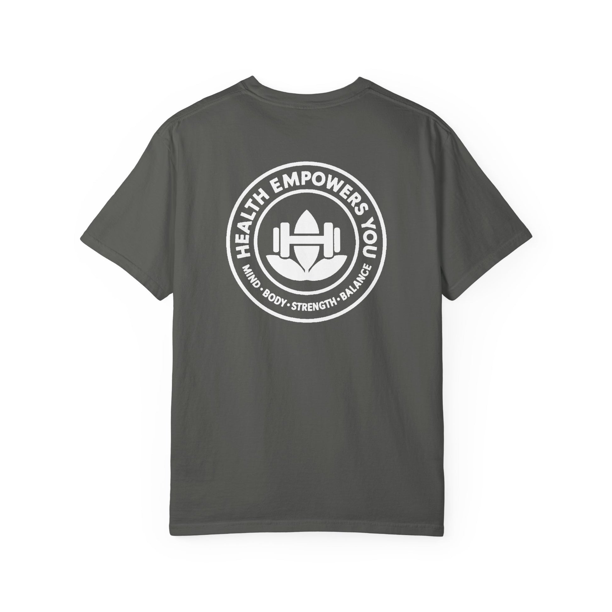 Gray t-shirt with a white logo and text on the back, on a white background