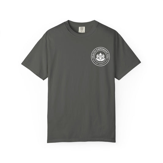 Gray t-shirt with a logo on the chest against a white background
