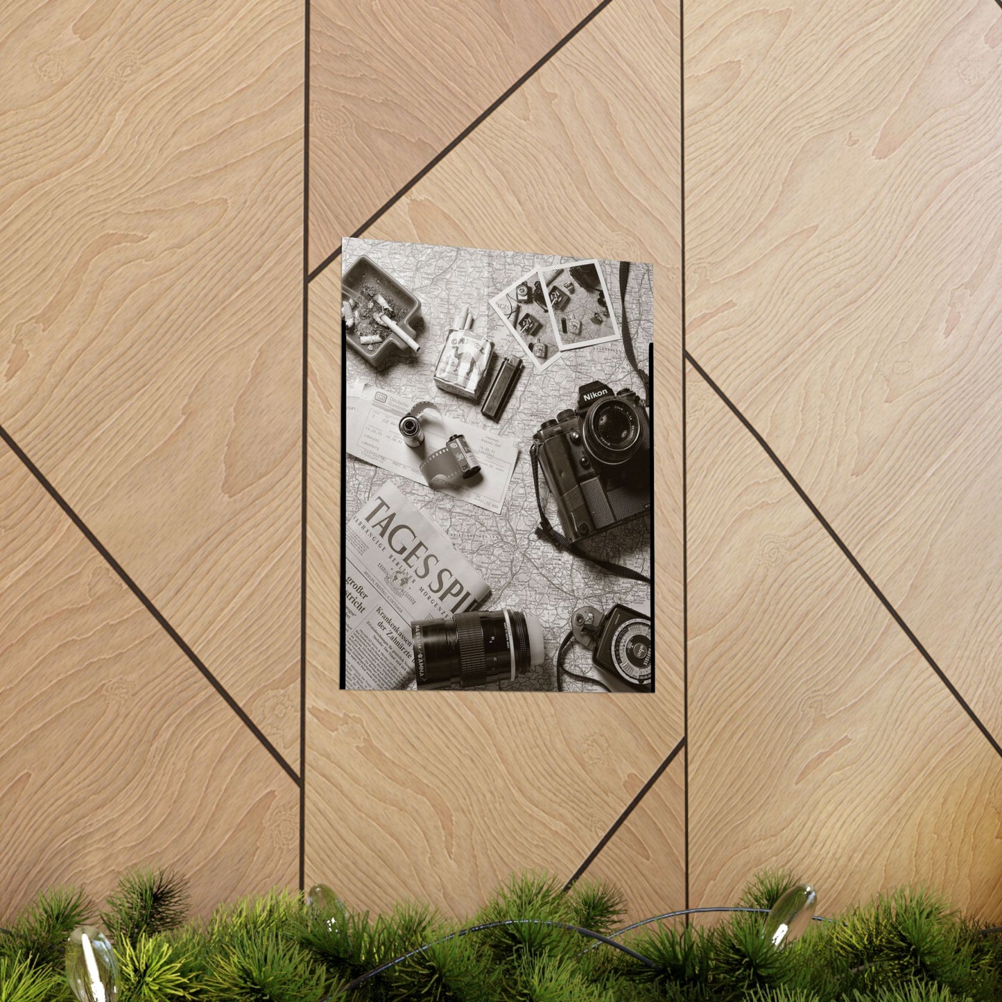 Phone case with camera and photo design on a wooden surface
