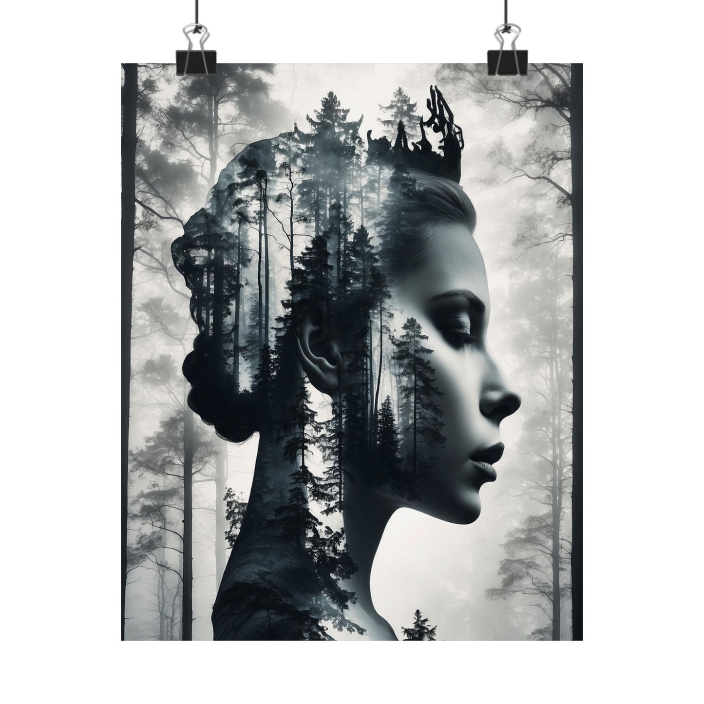 Artistic poster of a woman's profile with a forest overlay