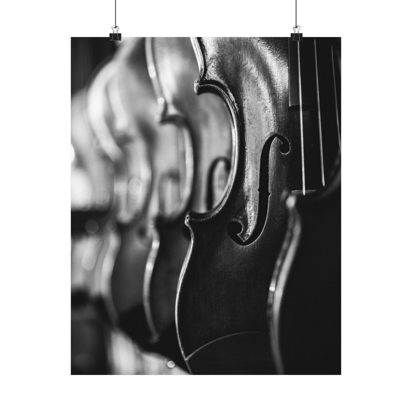 Close-up of a violin's f-holes in black and white