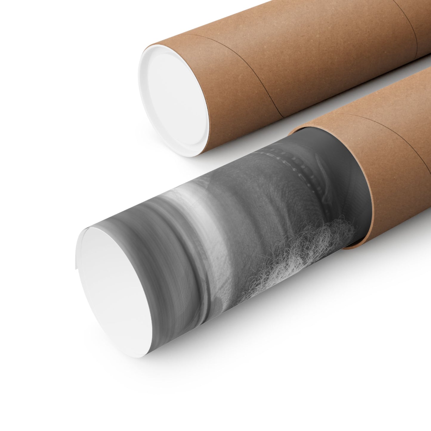 Two cardboard tubes with one containing gray and white marbled paper on a white background