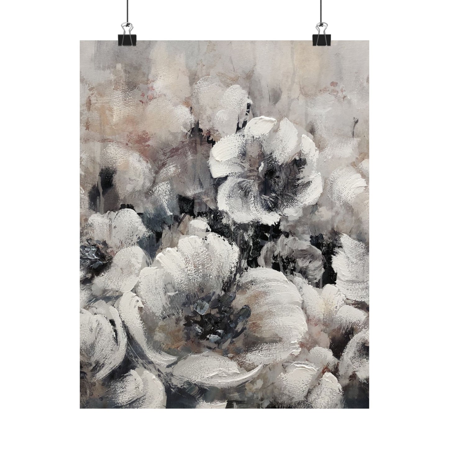 Abstract floral art print with soft gray and white tones on a textured background.