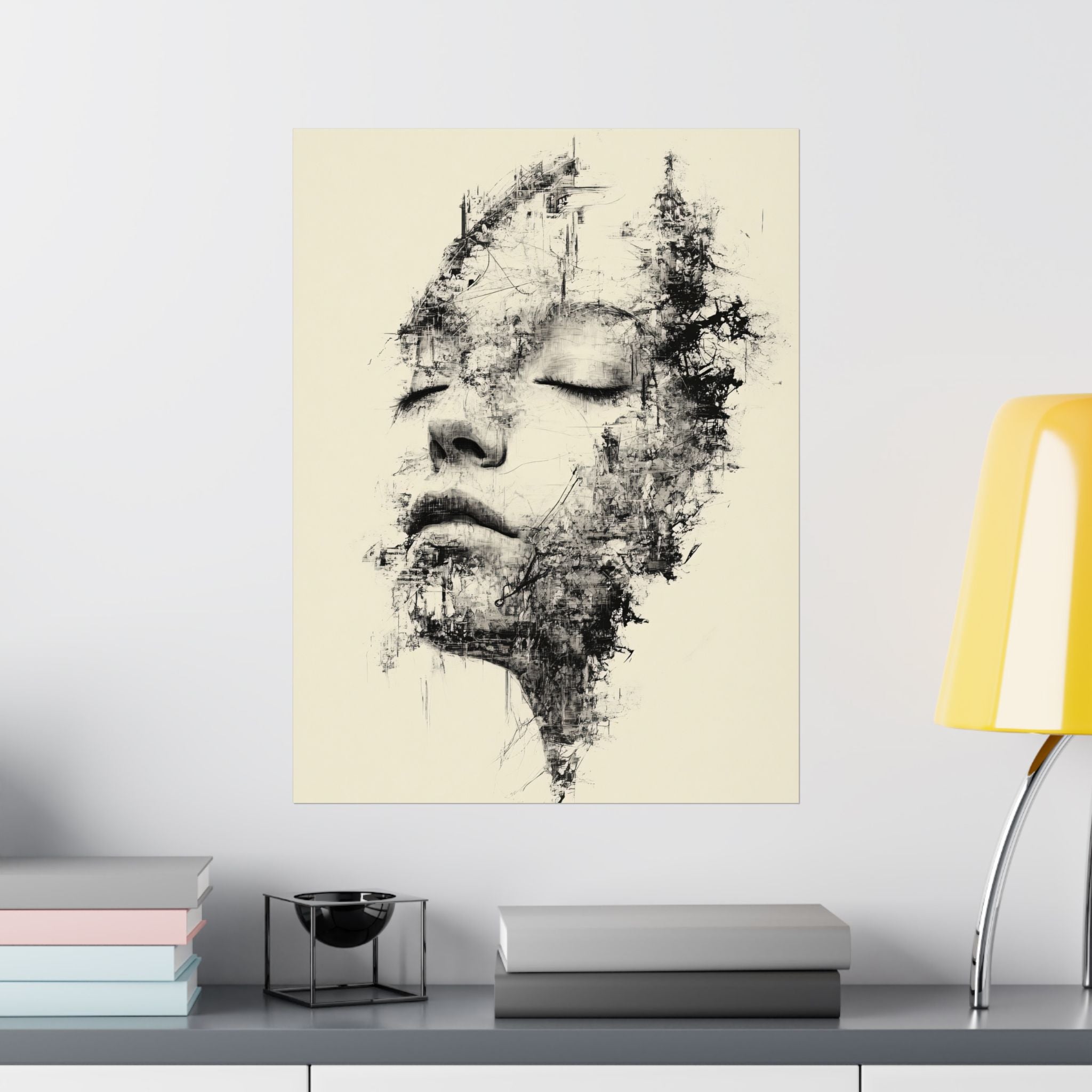 Abstract art print of a face on a beige background, displayed on a wall above a shelf.