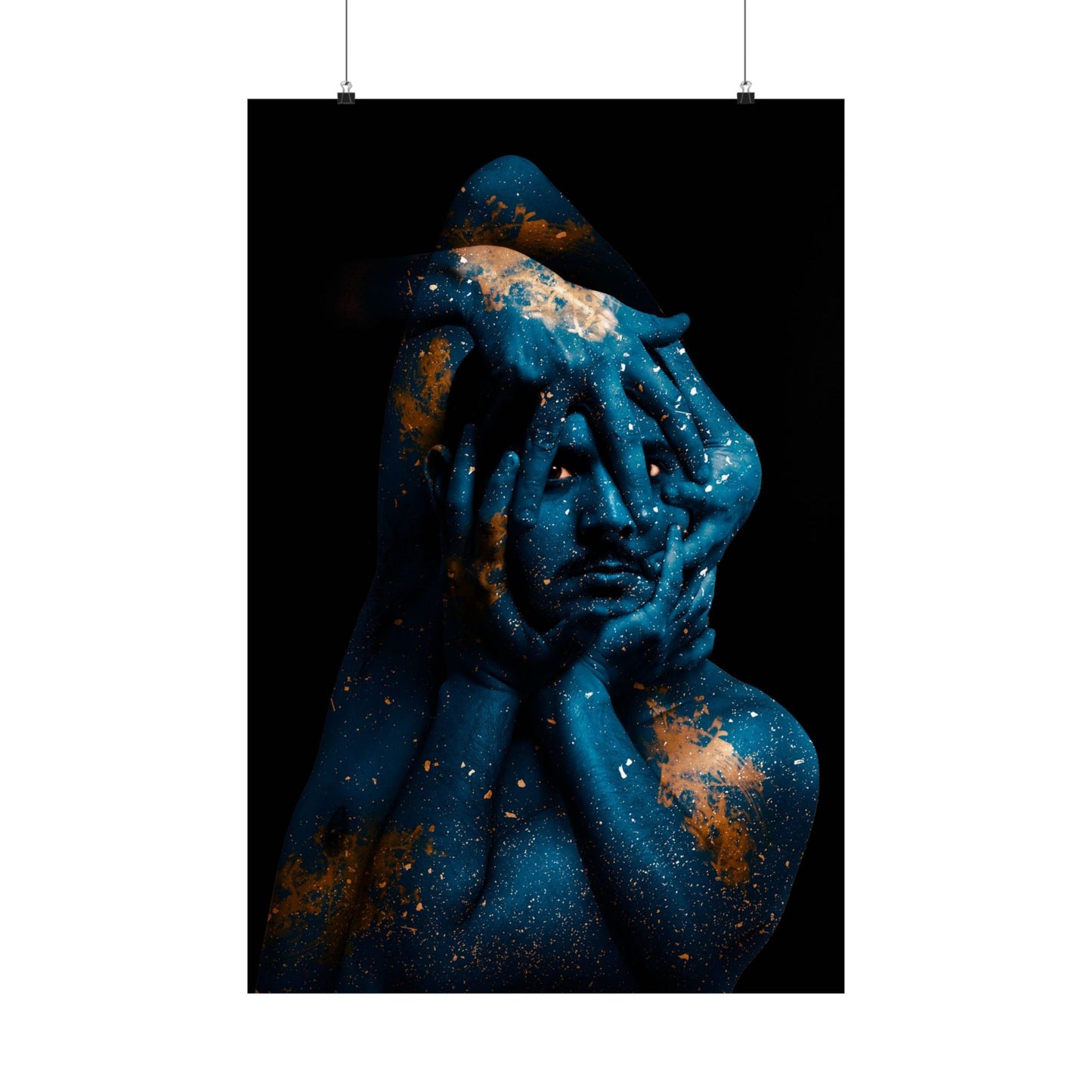 Artistic depiction of a figure with cosmic design on a black background