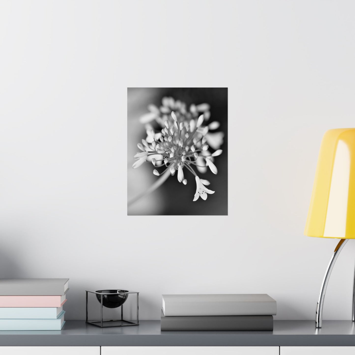 Black and white floral artwork on a wall above a shelf with books and a lamp.