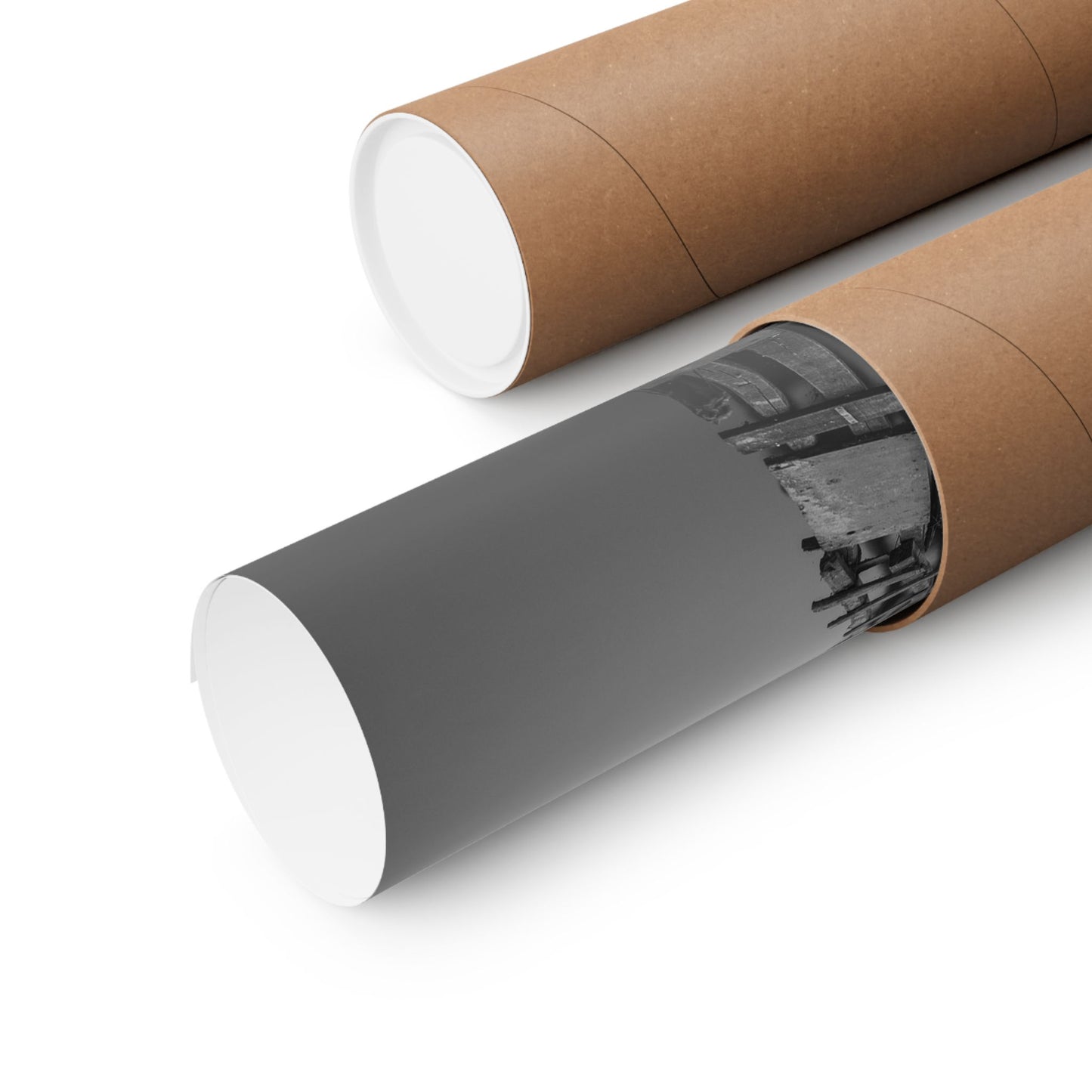 Two cardboard tubes, one gray and one brown with white ends, on a white background.