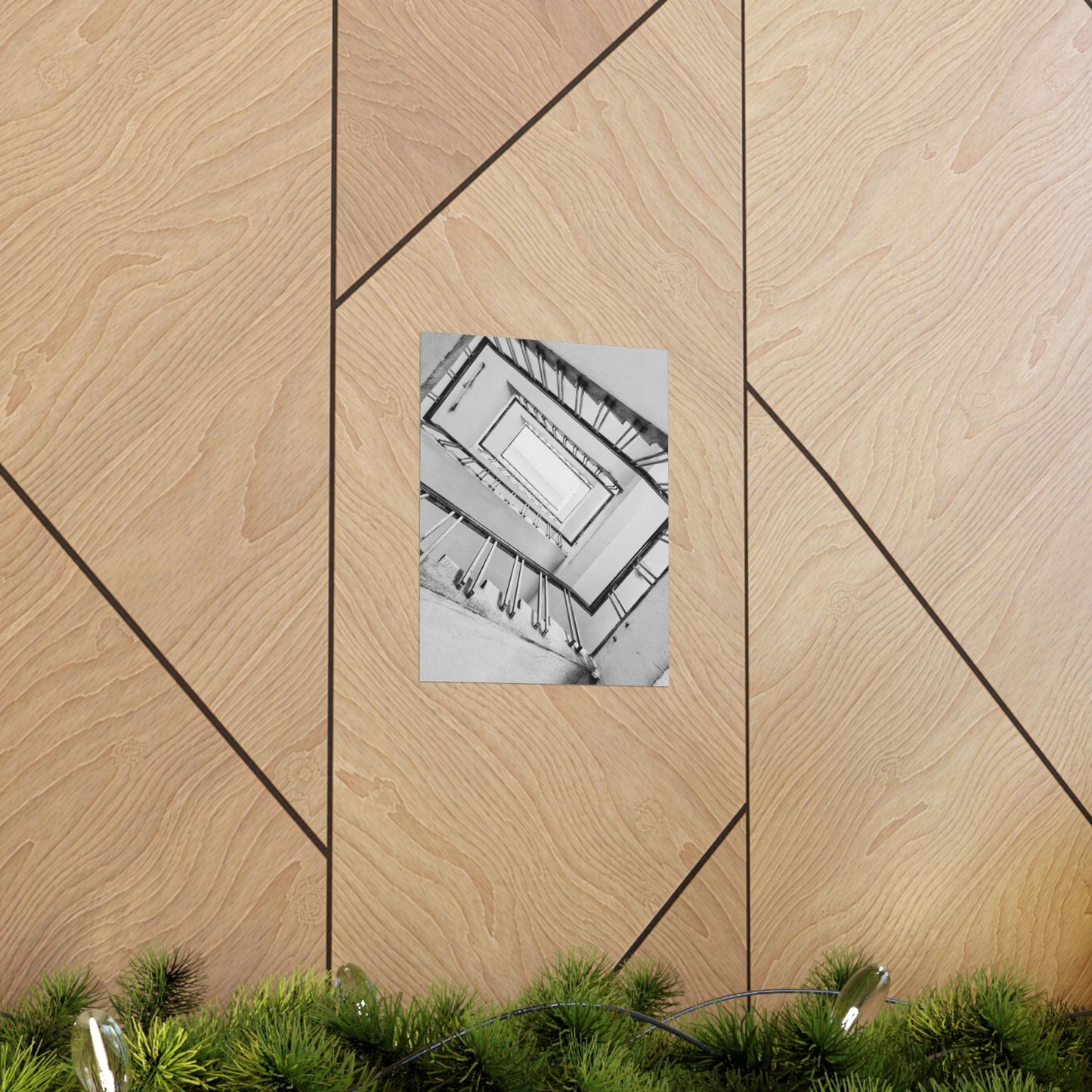 Wooden wall with geometric pattern and a small square picture of a staircase.