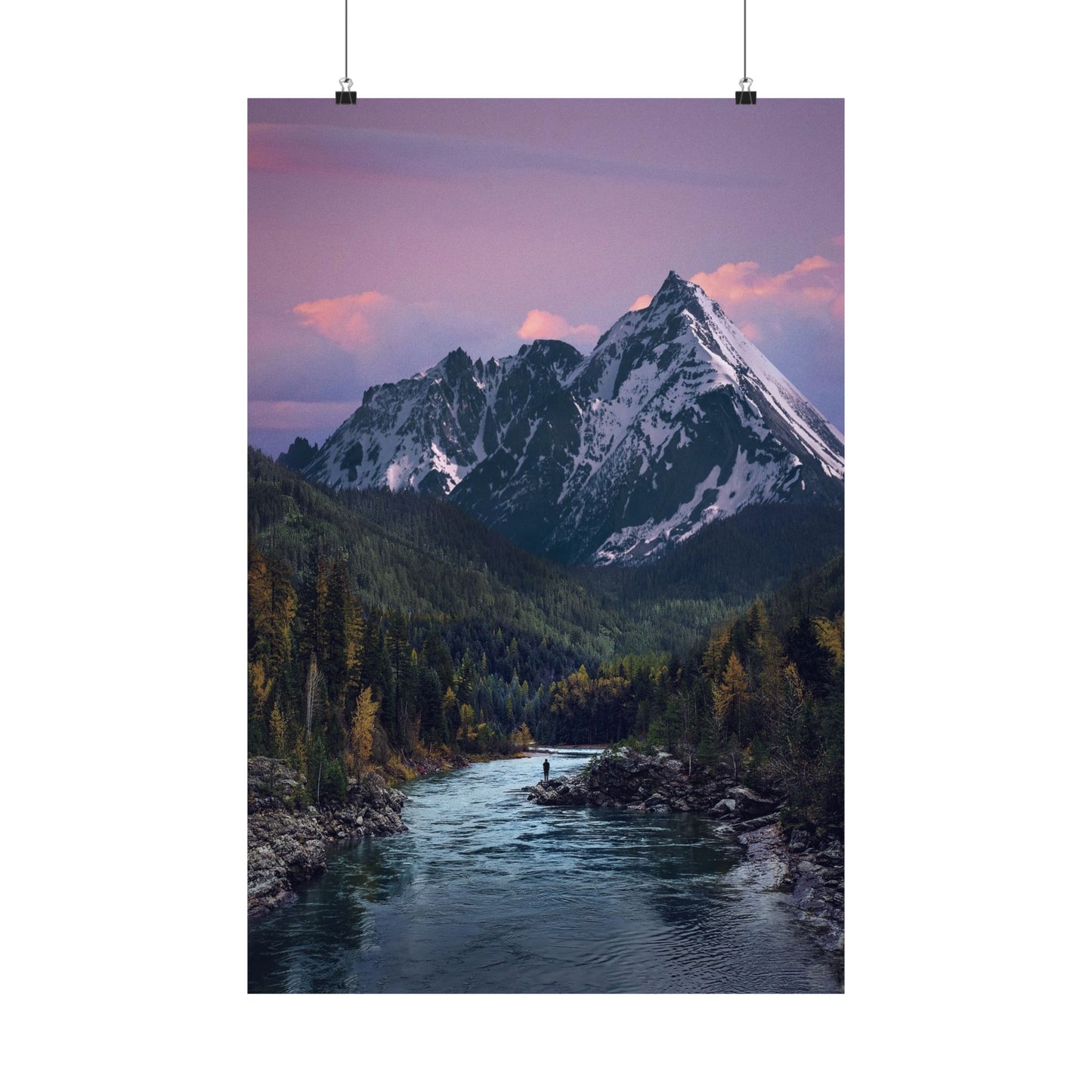 Mountain landscape with a river and a person fishing, under a purple sky.