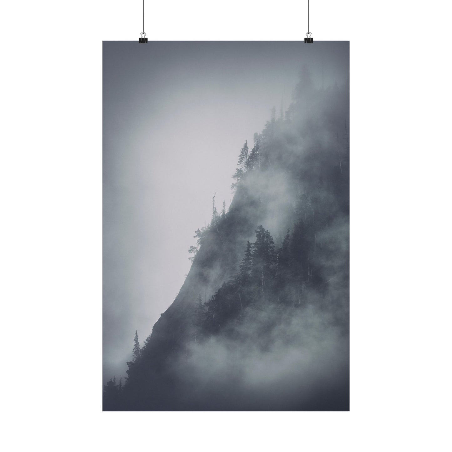 Foggy mountain landscape with trees on a white background