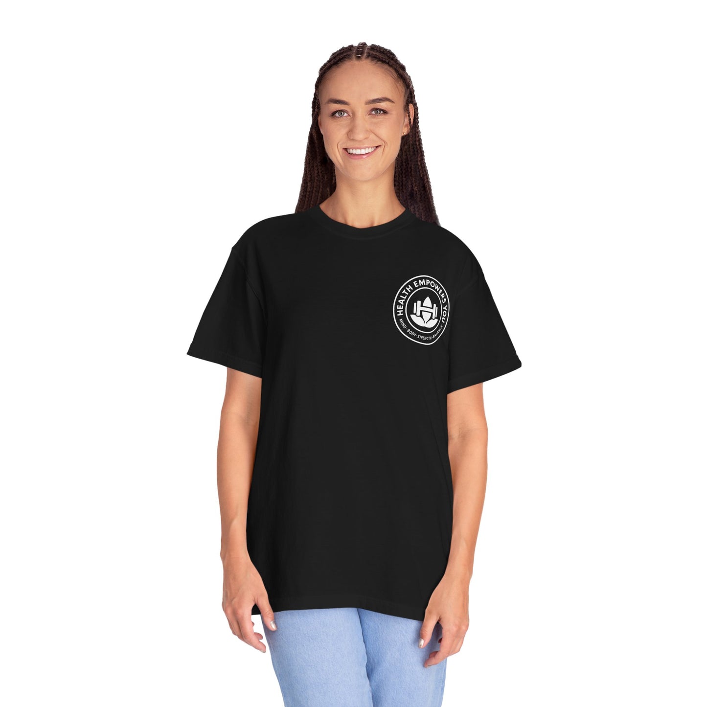 Person wearing a black t-shirt with a logo on a white background
